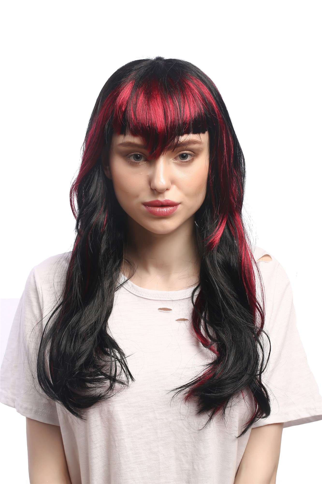 Lady Fancy Dress Wig gothic witch black red strands Vampire She-Devil Dark Fairy pointy fringe 20", view 3, WIG ME UP: Your Perücken Online Shop Party Wig, Ladies, Black, Red, straight, long