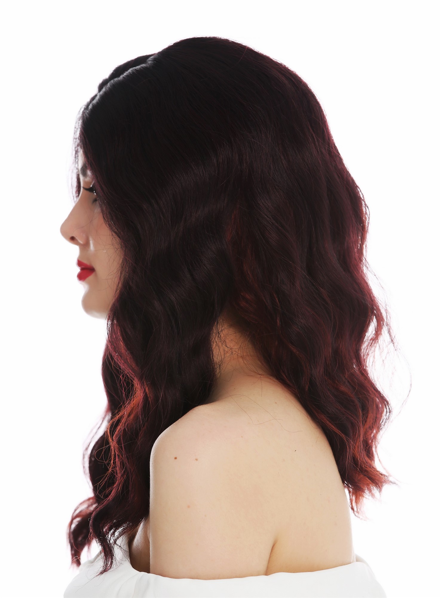 hochwertige Qualitätsperücken, Perücke lang Scheitel edel wellig gewellt Schwarz Rot gesträhnt Hollywood Diva VK-58-OMFIRERED, Ansicht 4, WIG ME UP: Ihr Perücken Online Shop wellige Tressen-Perücke mit Kopfhaut-Imitat Schwarz-Rot-Mix schulterlange Haare für Damen