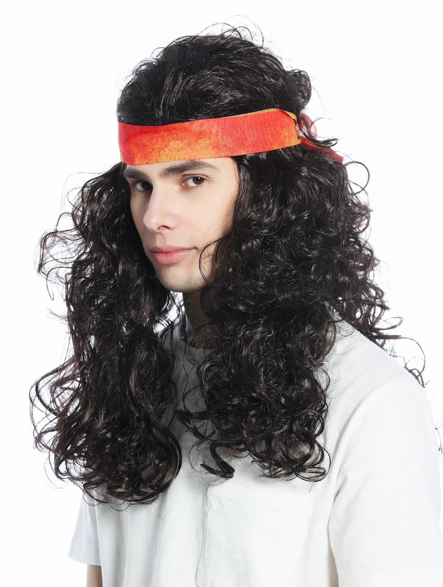 Halloween wig headband set long voluminous brown curled Hippie 70s retro CW-027, view 2, WIG ME UP: Your Perücken Online Shop Party Wig, Unisex, medium brown, curled, long