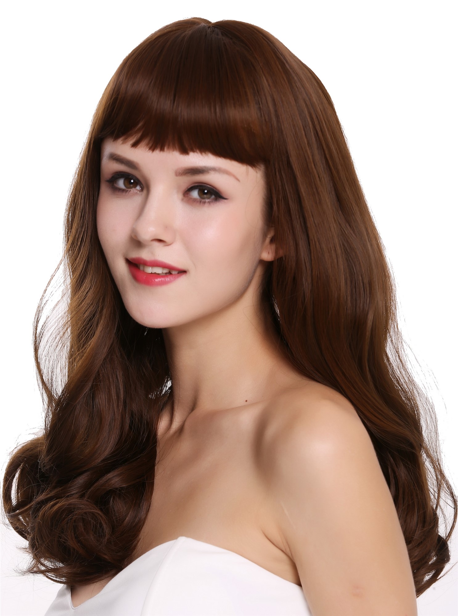 hochwertige Qualitätsperücken, Perücke lang wellig Pony Kastanie Braun C8140-8/30, Ansicht 3, WIG ME UP: Ihr Perücken Online Shop wellige Tressen-Perücke mit Kopfhaut-Imitat Aschbraun-Kupferbraun-Mix schulterlange Haare für Damen