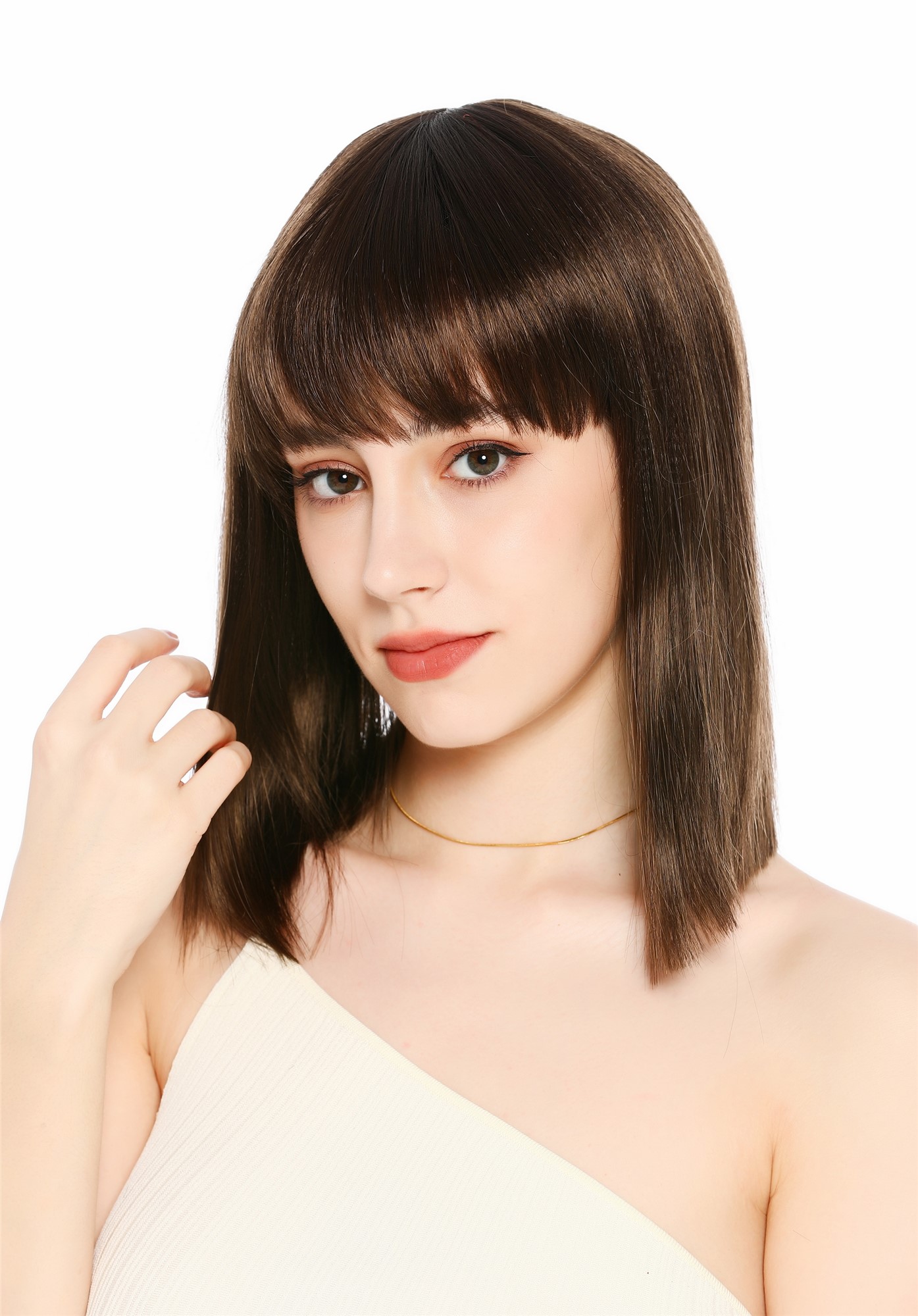 Perücke Damen Longbob glatt schulterlang Pony Clavi-Cut Braun Mittelbraun VK-64-8