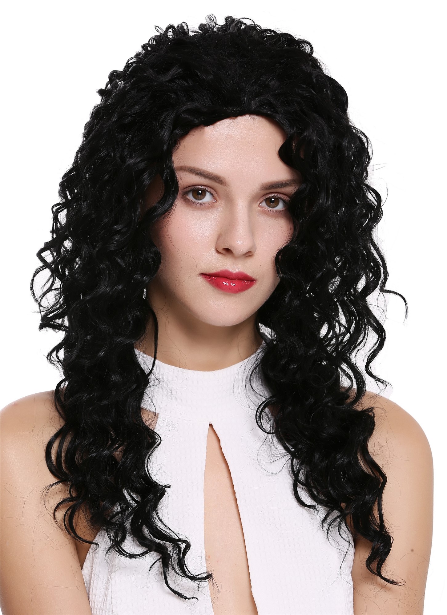 hochwertige Qualitätsperücken, Halbperücke 3/4 Perücke lang gelockt schwarz AG-1, Vorderansicht, WIG ME UP: Ihr Perücken Online Shop lockige Tressen-Perücke mit Gummizug Schwarz lange Haare für Damen