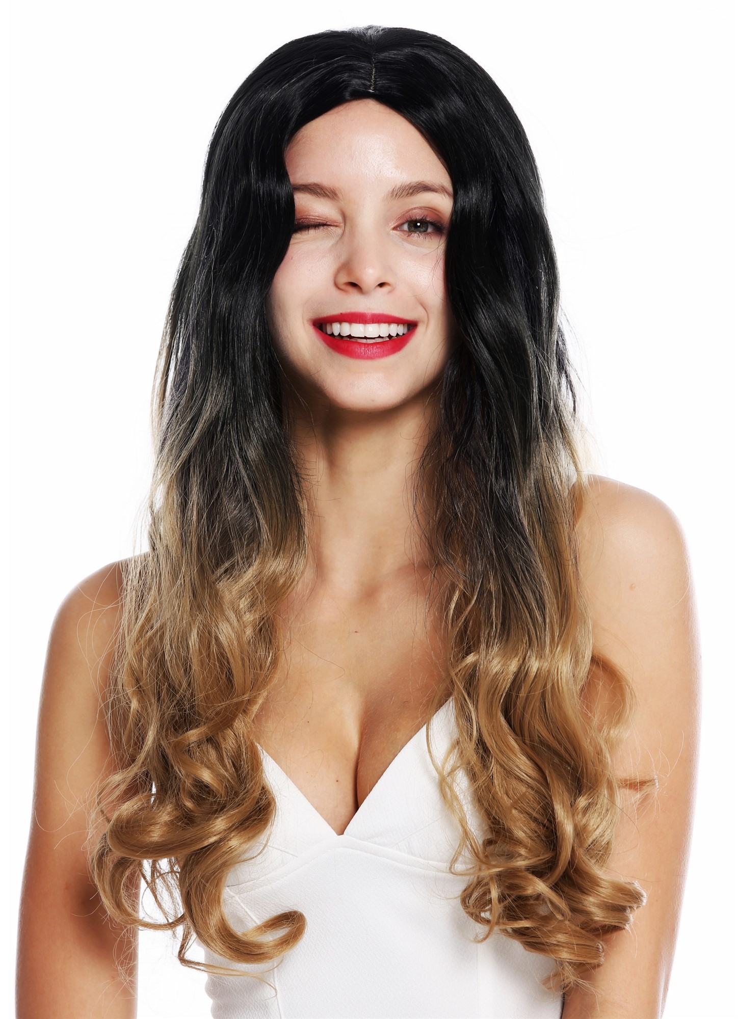 hochwertige Qualitätsperücken, Perücke lang gewellt gelockt Mittelscheitel Ombre Schwarz Blond ZM-1692-M27Dye1B, Ansicht 2, WIG ME UP: Ihr Perücken Online Shop lockige Tressen-Perücke mit Kopfhaut-Imitat Blond-Schwarz-Mix lange Haare für Damen