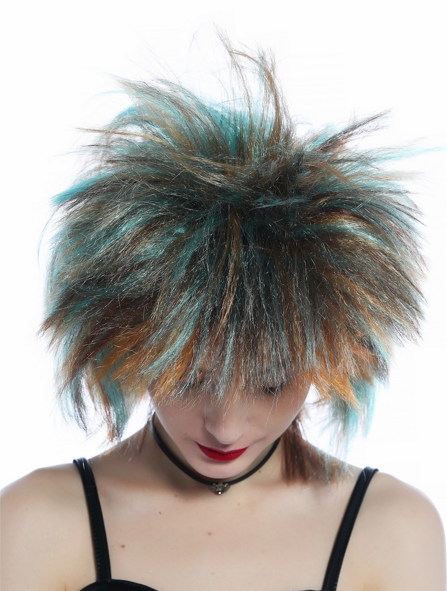 günstige Party Perücke, Perücke Punk Wave Braun bunte Strähnen hoch toupiert 80s 210165-FR36-4-98, Ansicht 5, WIG ME UP: Ihr Perücken Online Shop glatte Party Perücke Kupfer, Kastanie, Türkis bunt gesträhnt schulterlange Haare Unisex