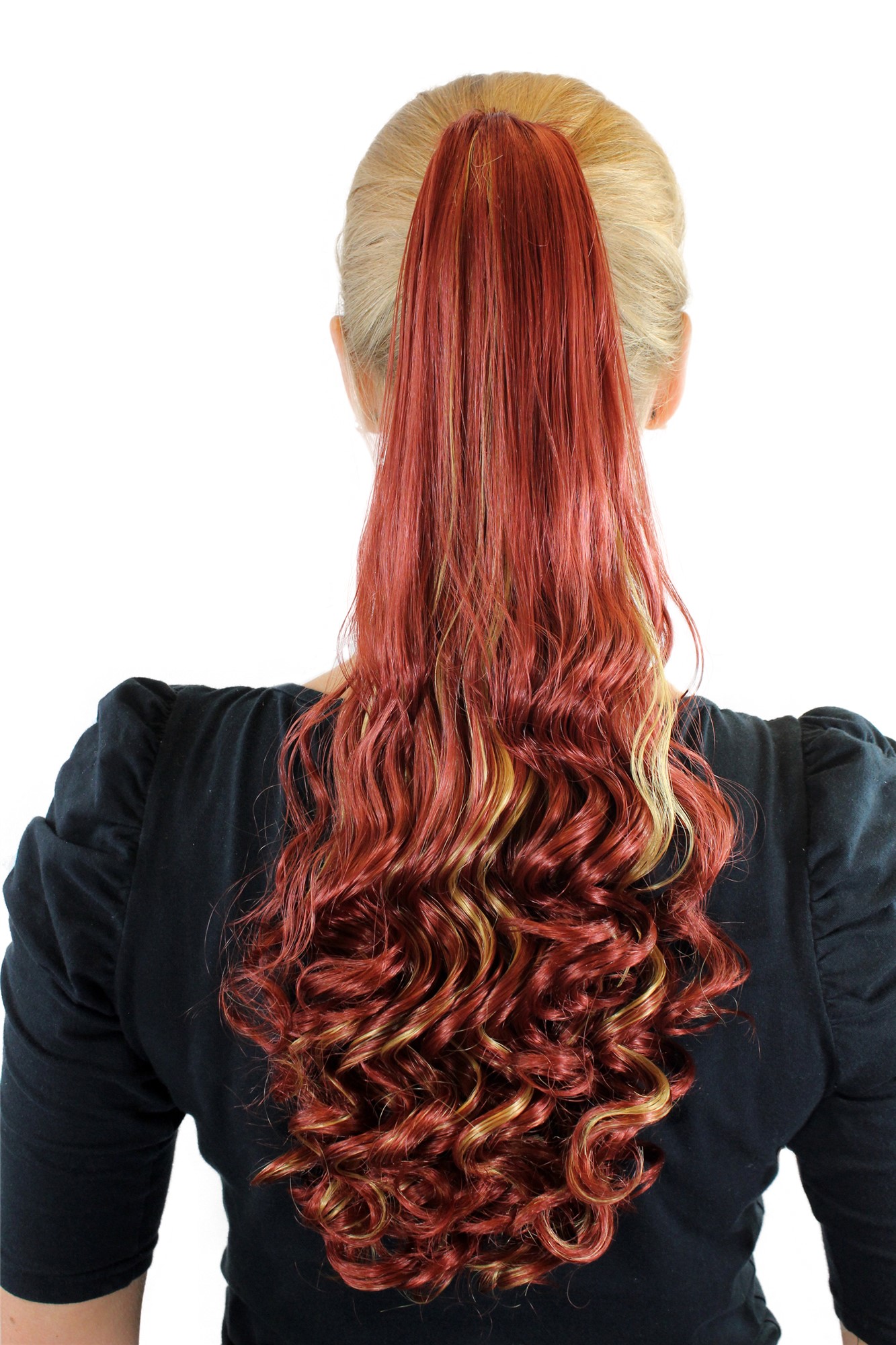 SC-29-350H25 Ponytail Hairpiece extension long curled curls claw clamp dark copper red streaked with blond 19", front view, WIG ME UP: Your Perücken Online Shop Ponytails, copper red-light blonde mix, curled, long