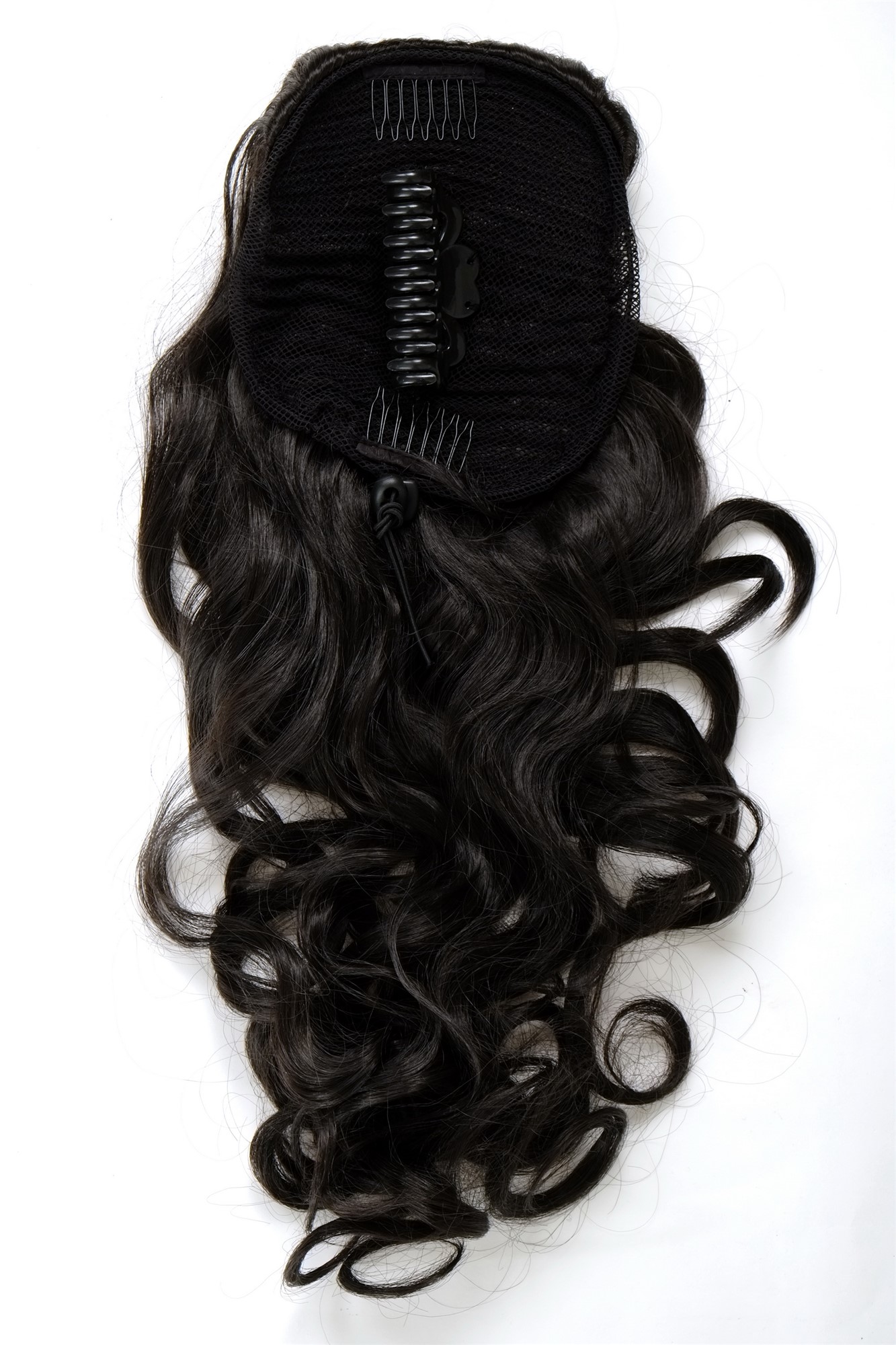 hochwertiges Haarteil Butterfly-Clip + Steckkämme + Gummizug lockig Dunkelbraun WK08-3, Ansicht 2, WIG ME UP: Ihr Perücken Online Shop lockiges Zopf-Haarteil Dunkelbraun 60 cm lang