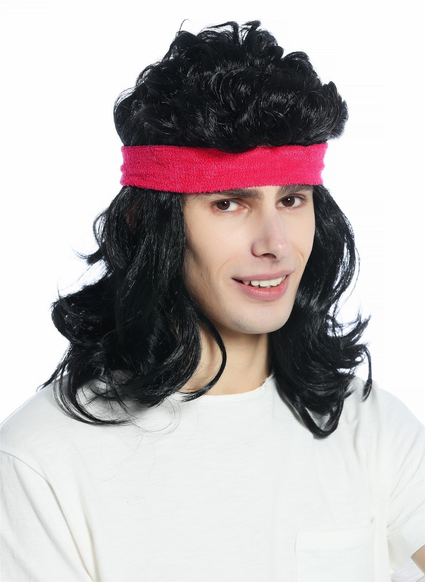 günstige Party Perücke, Perücke Stirnband 80s 80er Vokuhila Action Star Proll schwarz CW-028A-P103, Ansicht 6, WIG ME UP: Ihr Perücken Online Shop wellige Party Perücke Schwarz schulterlange Haare Unisex
