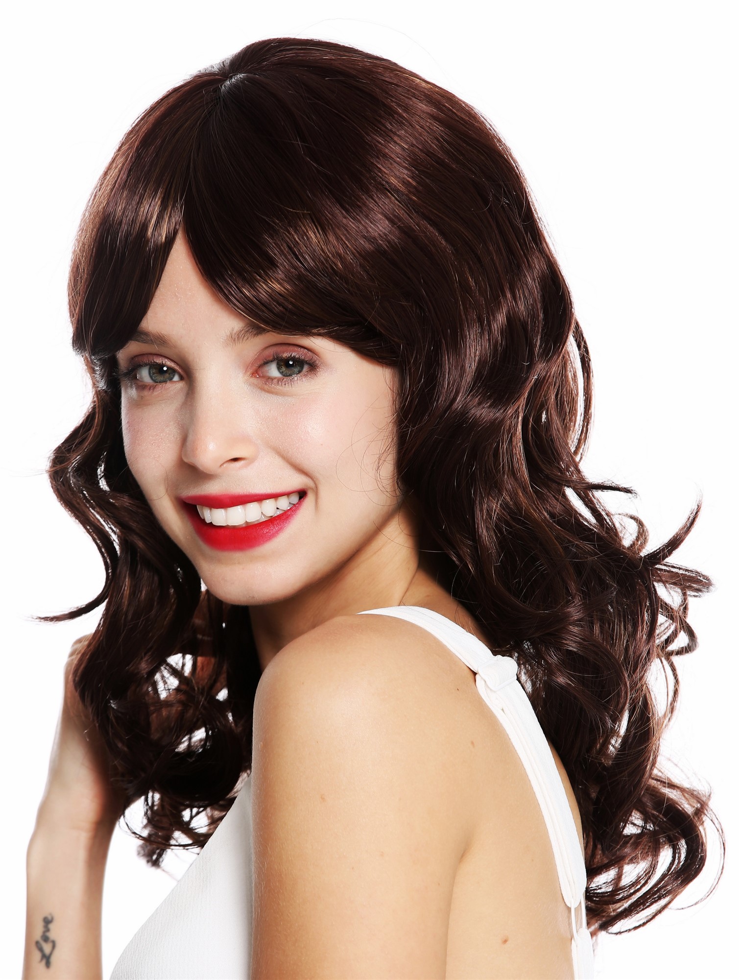 hochwertige Qualitätsperücken, Perücke lang Locken lockig Mahagoni Braun Strähnen Blond VK-52-33H27, Ansicht 3, WIG ME UP: Ihr Perücken Online Shop wellige Tressen-Perücke Braun-Blond-Mix schulterlange Haare für Damen