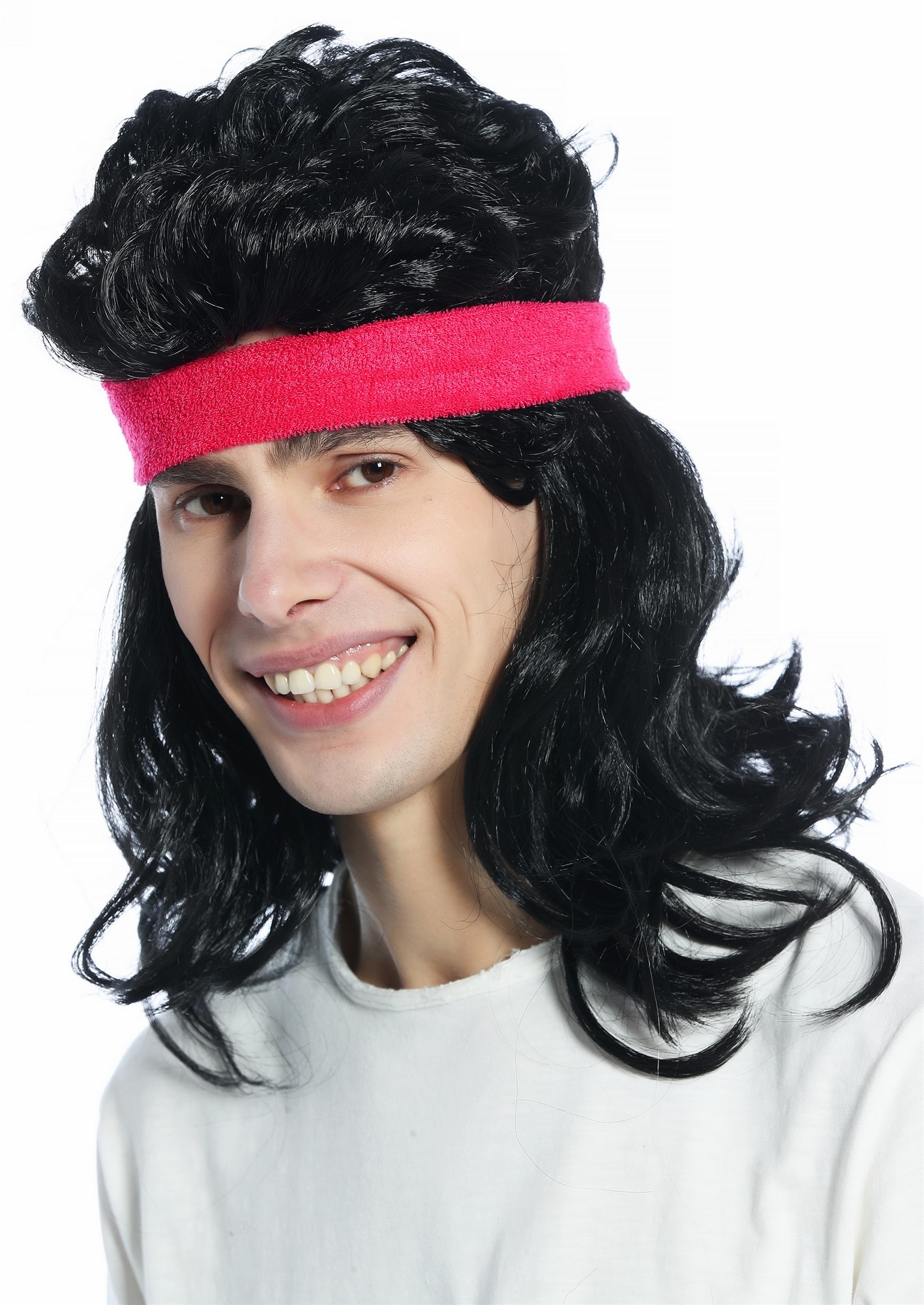 günstige Party Perücke, Perücke Stirnband 80s 80er Vokuhila Action Star Proll schwarz CW-028A-P103, Ansicht 5, WIG ME UP: Ihr Perücken Online Shop wellige Party Perücke Schwarz schulterlange Haare Unisex