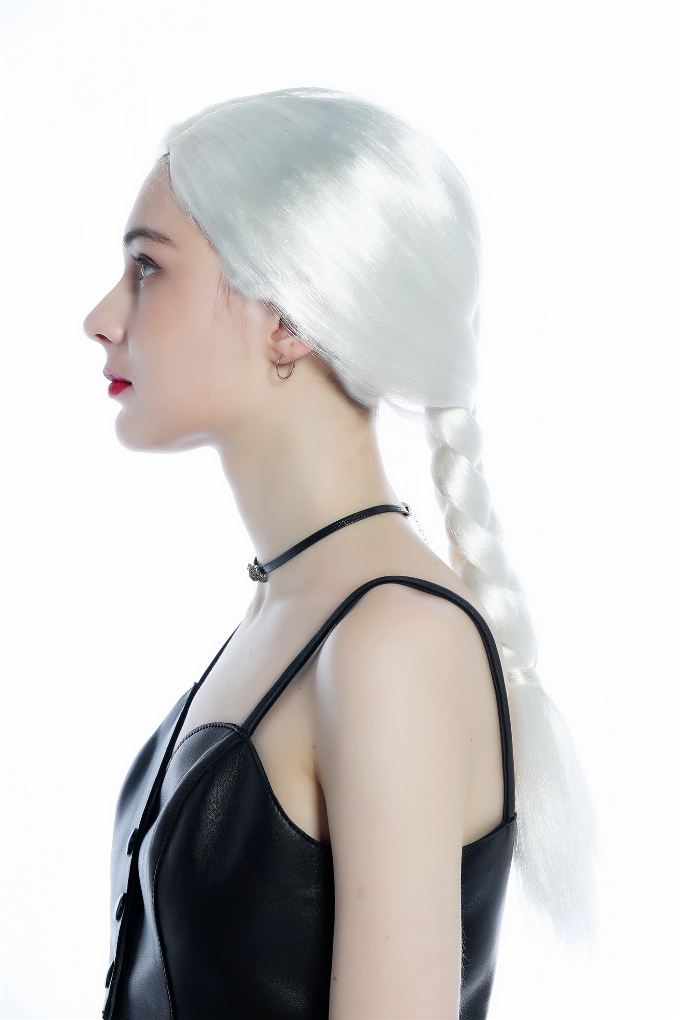 günstige Party Perücke, Perücke glatt weiß Mittelscheitel dicker geflochtener Zopf 91800-ZA68, Ansicht 3, WIG ME UP: Ihr Perücken Online Shop geflochtene Party Perücke Blütenweiß lange Haare für Damen