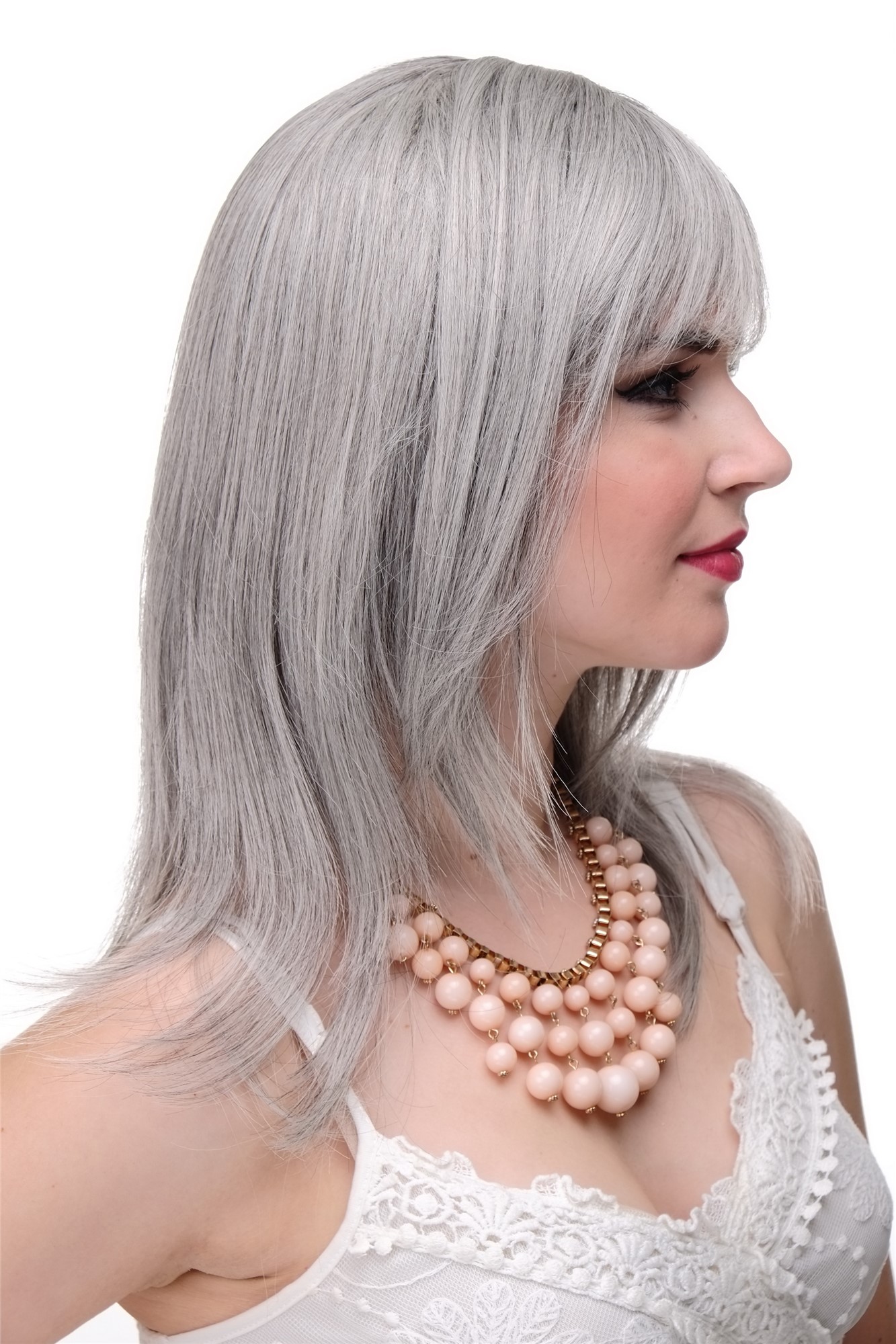 Lady wig medium length fringe parted side straight layered sliver grey gray 3003, view 3, WIG ME UP: Your Perücken Online Shop Quality Wigs, Ladies, Grey, straight, long
