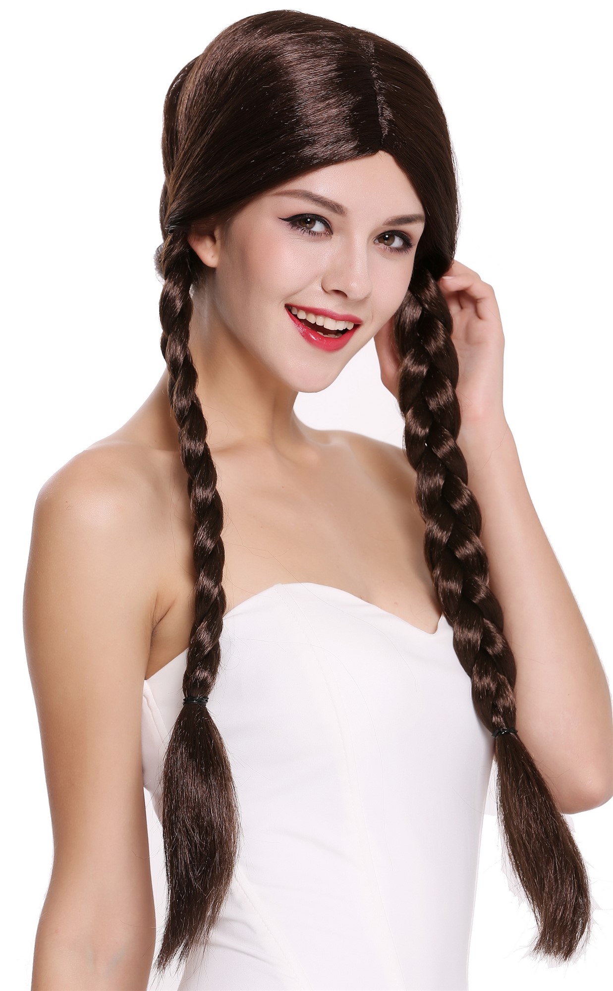 Lady Party Wig brown long braided pigtails queues girly Lolita Schoolgirl 90958, front view, WIG ME UP: Your Perücken Online Shop Party Wig, Ladies, Brown, Braided, long