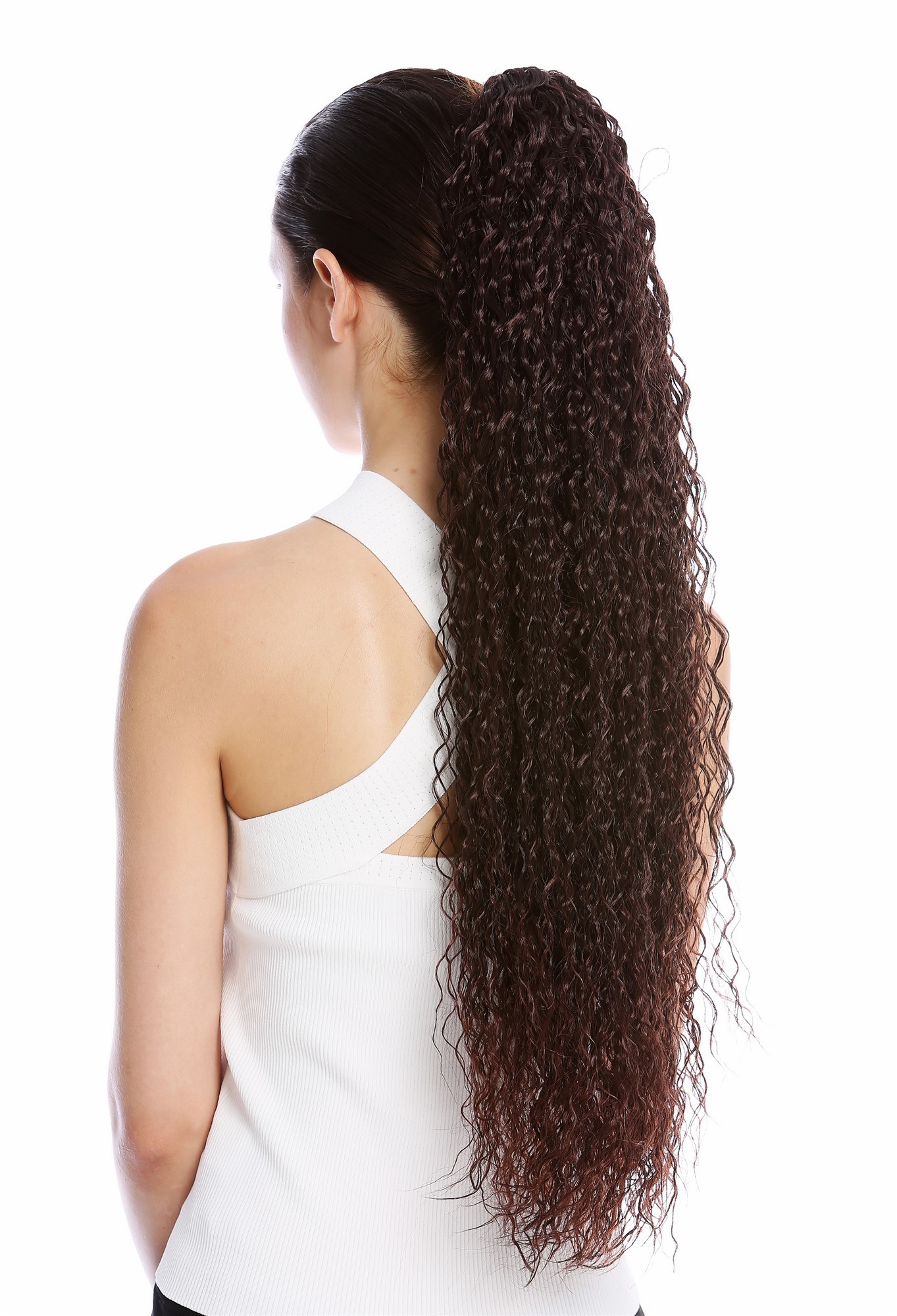 Ponytail long voluminous curled kinks kinked black streaked mahogany auburn N857, front view, WIG ME UP: Your Perücken Online Shop Ponytails, brown mix, curled, very long
