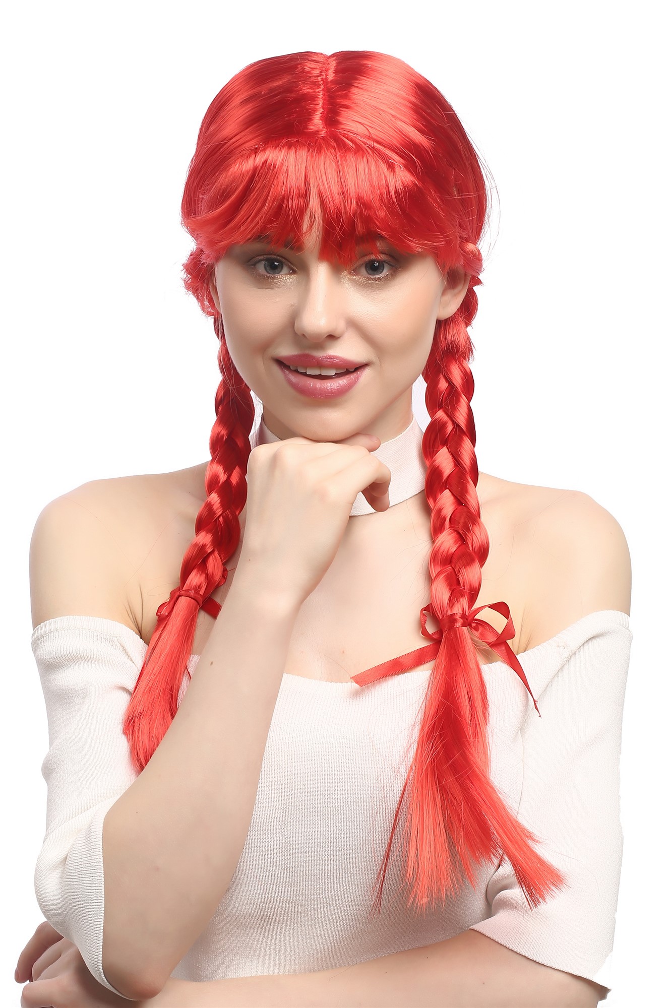 Lady Wig Halloween Lolita schoolgirl long braided plaits fringe red XR-008, view 2, WIG ME UP: Your Perücken Online Shop Party Wig, Ladies, bright red, Braided, long
