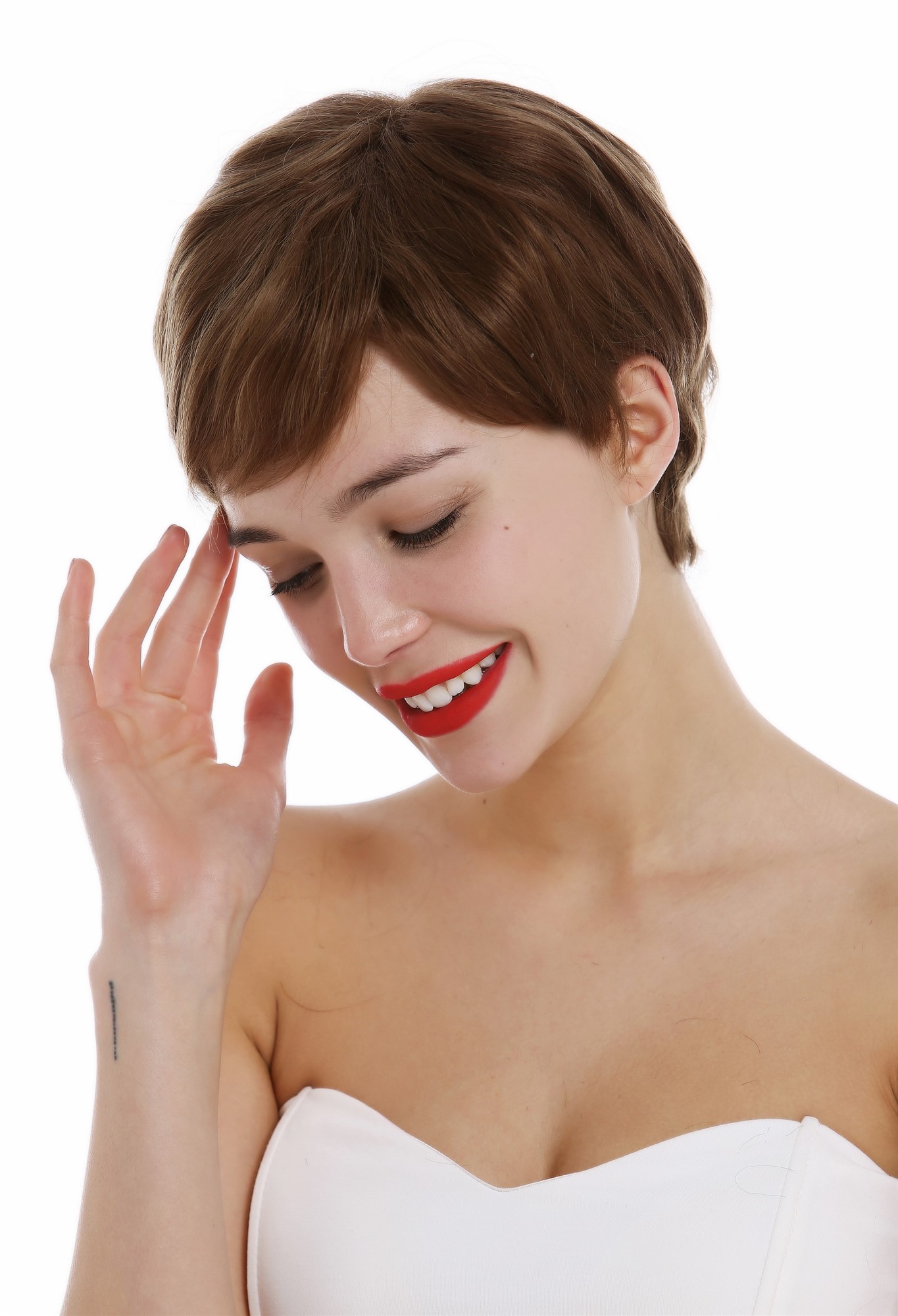 hochwertige Qualitätsperücken, Perücke Echthaar Damen Herren kurz Pixie wellig Scheitel braun DP-HH-10, Ansicht 2, WIG ME UP: Ihr Perücken Online Shop glatte Tressen-Perücke Mittel-Goldbraun kurze Haare für Damen