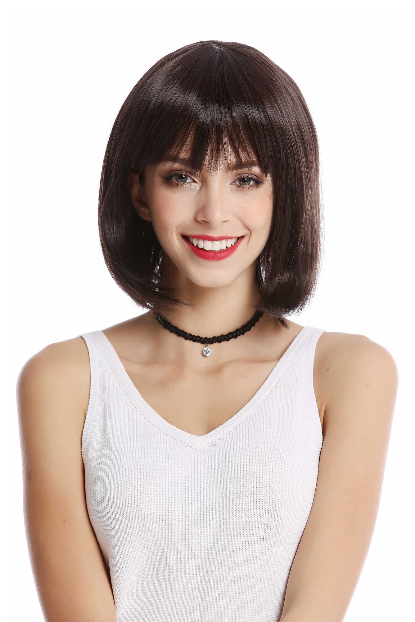 hochwertige Qualitätsperücken, Perücke Longbob Pony kurz Braun YZF-4362-4/8, Ansicht 2, WIG ME UP: Ihr Perücken Online Shop glatte Tressen-Perücke Braun-Mix kurze Haare für Damen