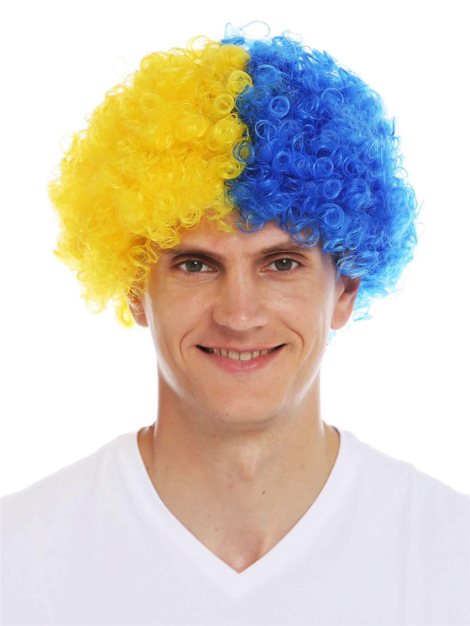 Fan wig carnival afro soccer football world cup yellow blue half half MMAM-15M, front view, WIG ME UP: Your Perücken Online Shop Party Wig, Unisex, blue-yellow mix, curled, short