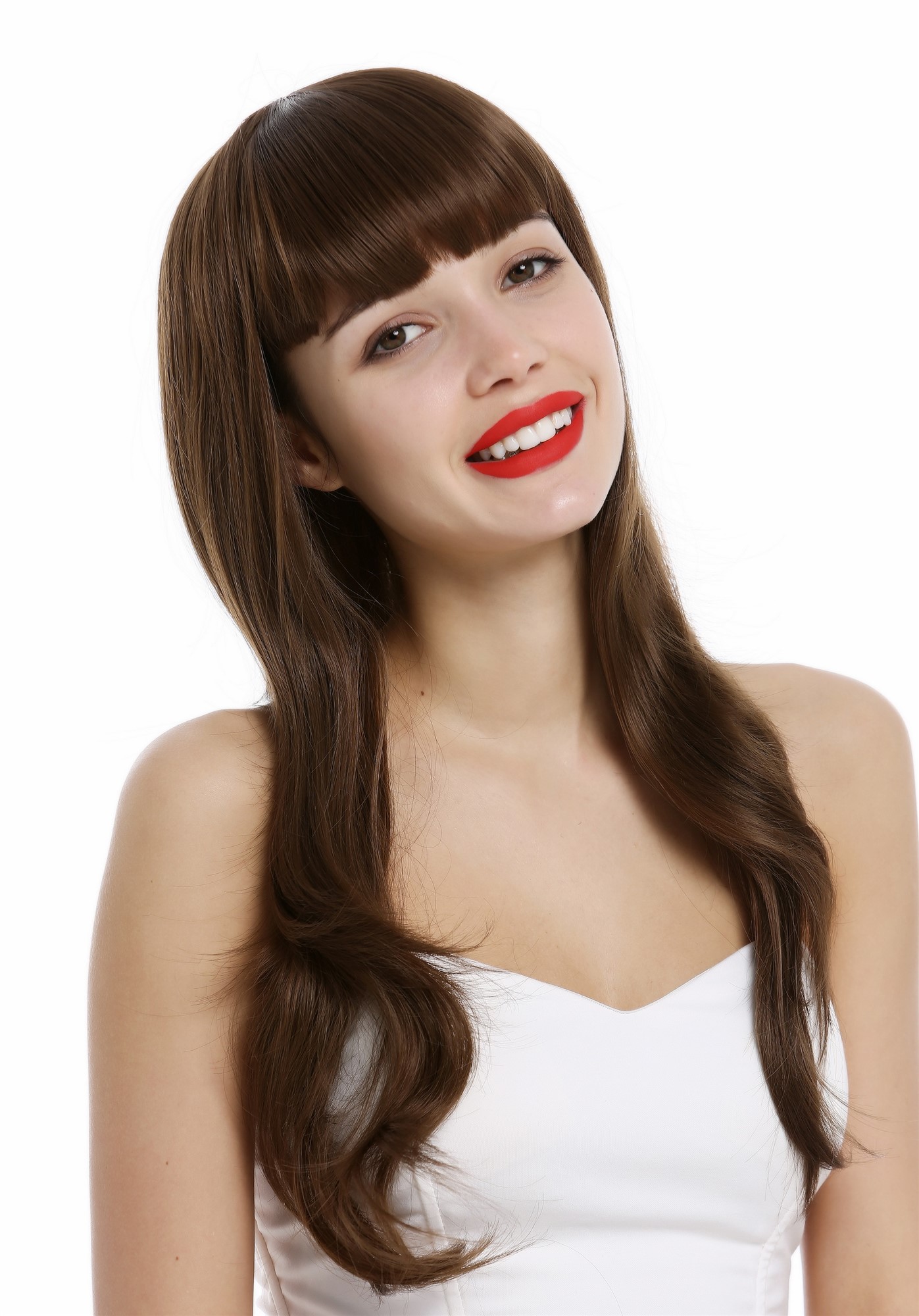 Lady wig long wavy wide bangs 60s vintage retro style medium brown st20120021, front view, WIG ME UP: Your Perücken Online Shop Quality Wigs, Ladies, medium golden brown, wavy, long