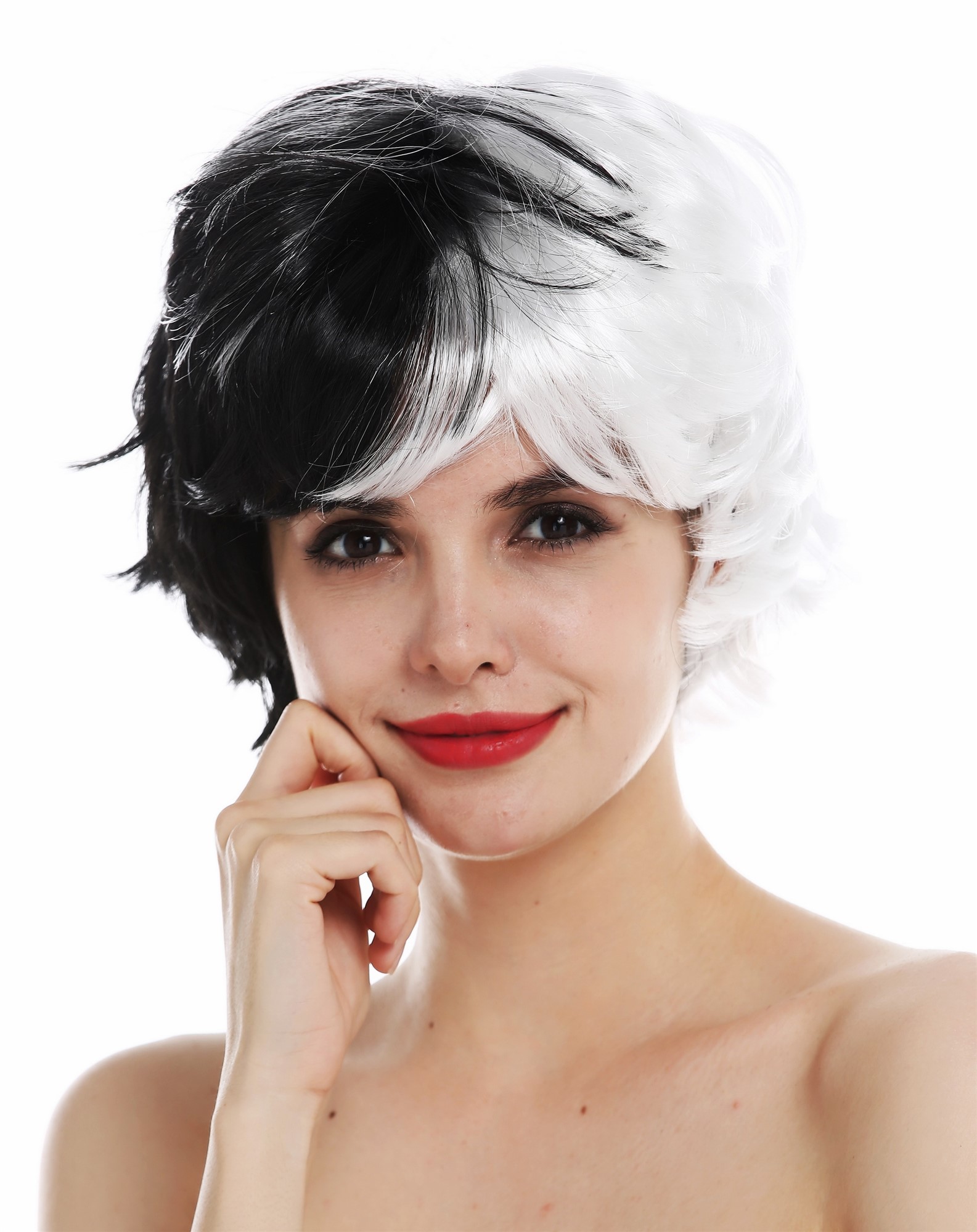 Wig carnival women short wild crazy black white half and half witch QSS-229 , view 2, WIG ME UP: Your Perücken Online Shop Party Wig, Ladies, deep black and white mix, wavy, short
