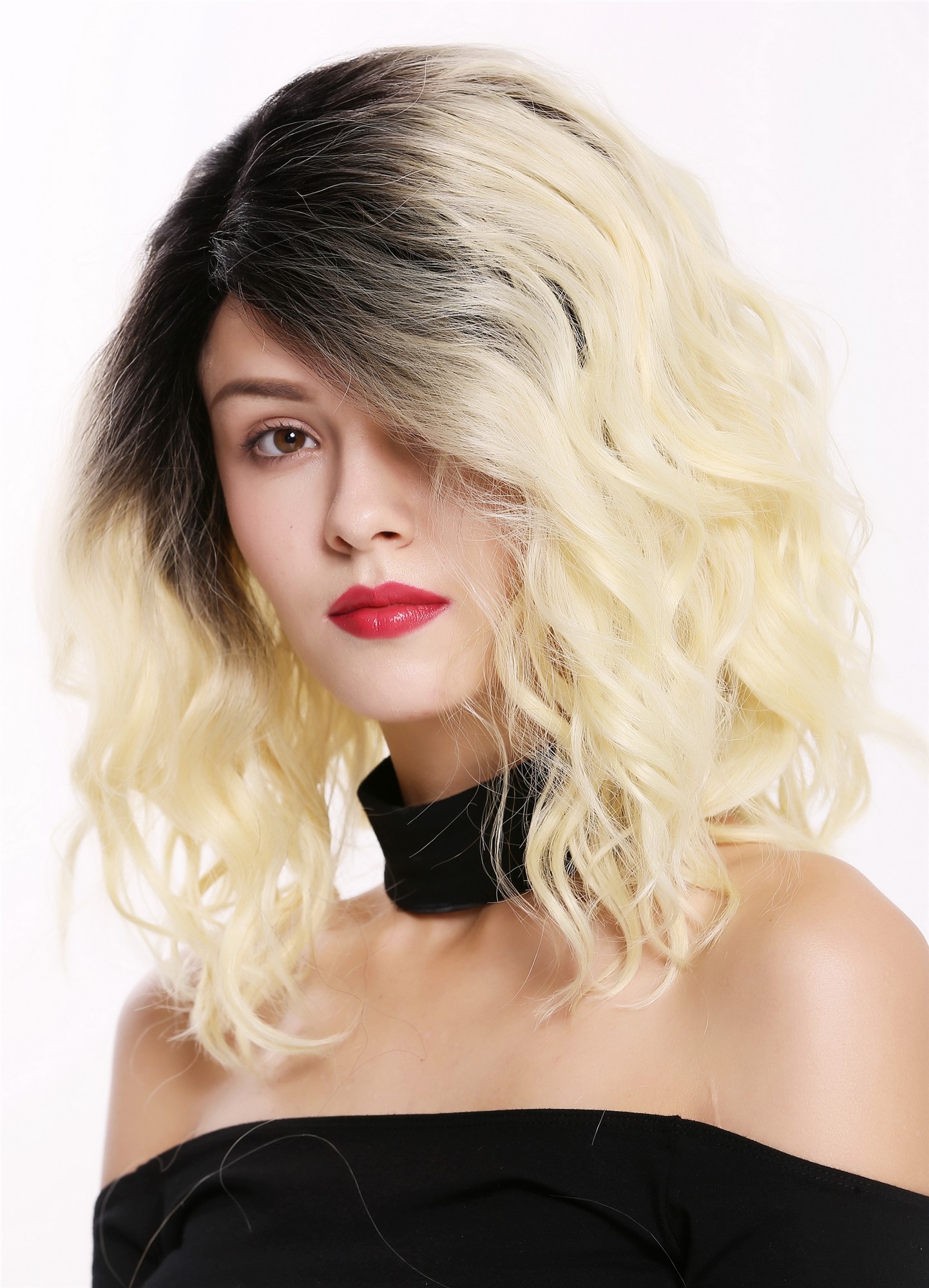 Lady wig lace front mono curls voluminous parting ombre black blonde LO1702-MF, view 3, WIG ME UP: Your Perücken Online Shop Quality Wigs, Ladies, straw blonde-black brown mix, wavy, shoulder-length
