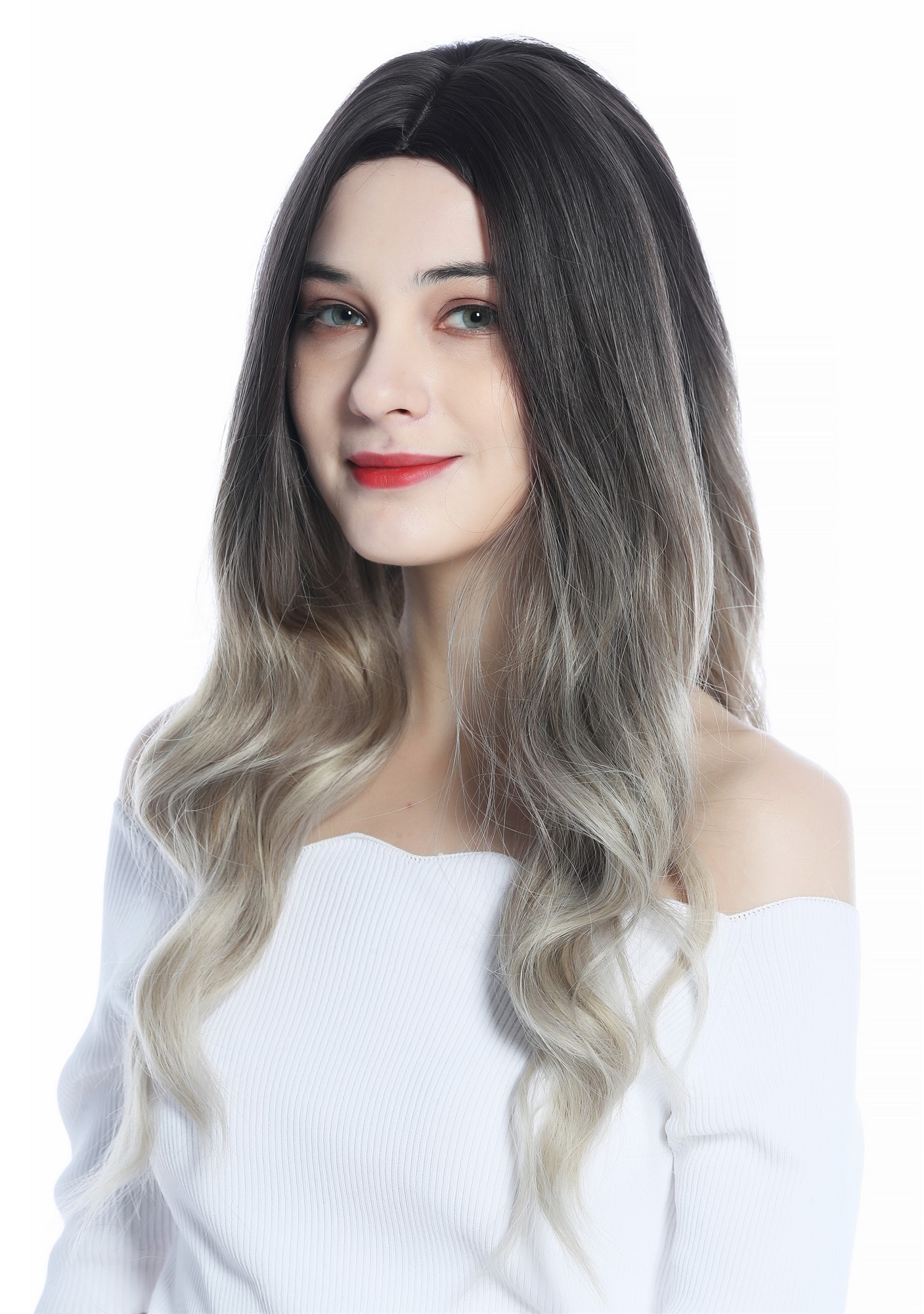 hochwertige Qualitätsperücken, Perücke lang wellig Ombre Braun Blond Balayage Highlights LC179-5-R10T85/88A, Vorderansicht, WIG ME UP: Ihr Perücken Online Shop wellige Tressen-Perücke mit Kopfhaut-Imitat Mittelbraun-Vanilleblond-Verlauf lange Haare für Damen