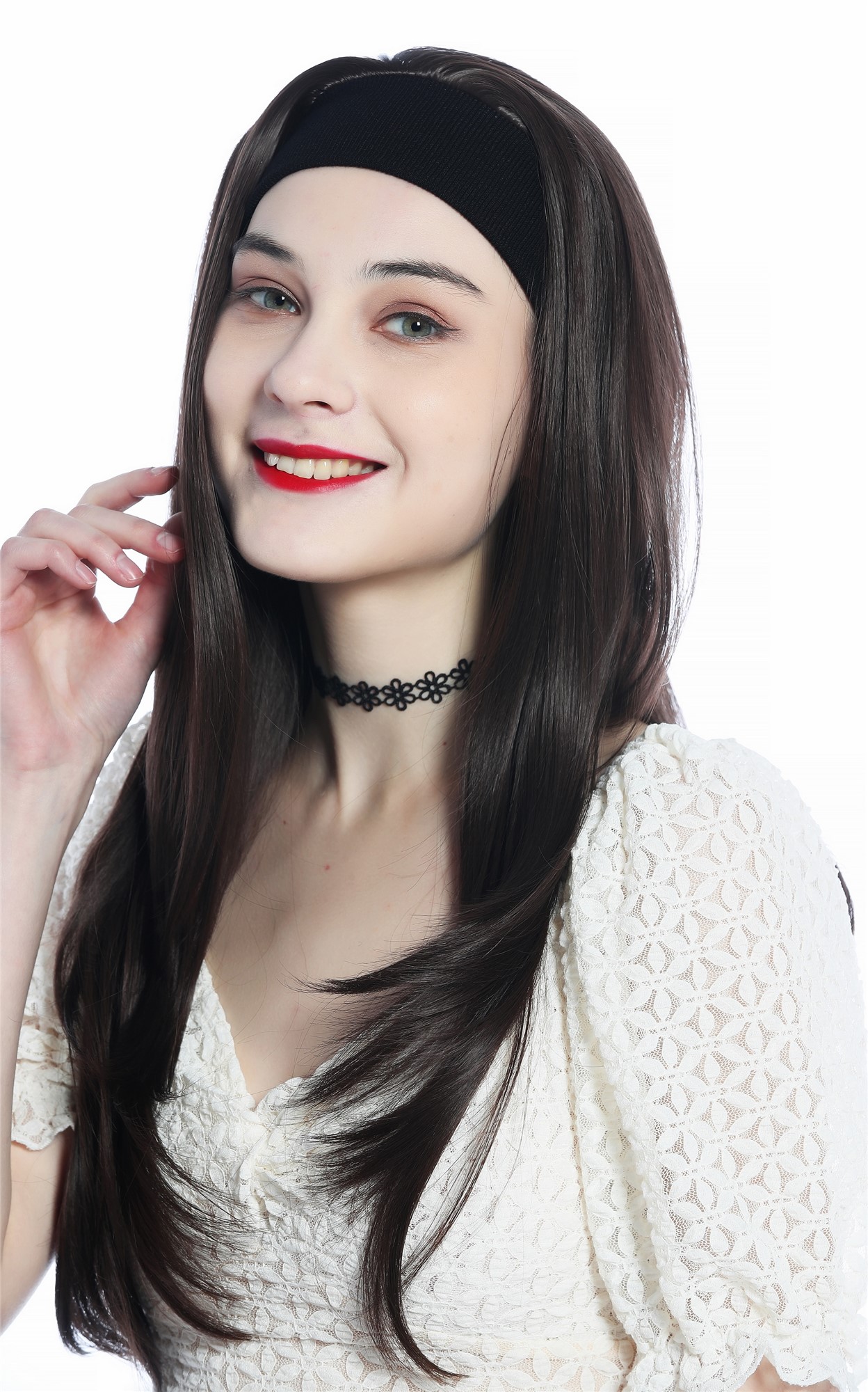 Lady wig half wig black headband retro long straight chocolate brown H9306, front view, WIG ME UP: Your Perücken Online Shop Quality Wigs, Ladies, medium brown, straight, long