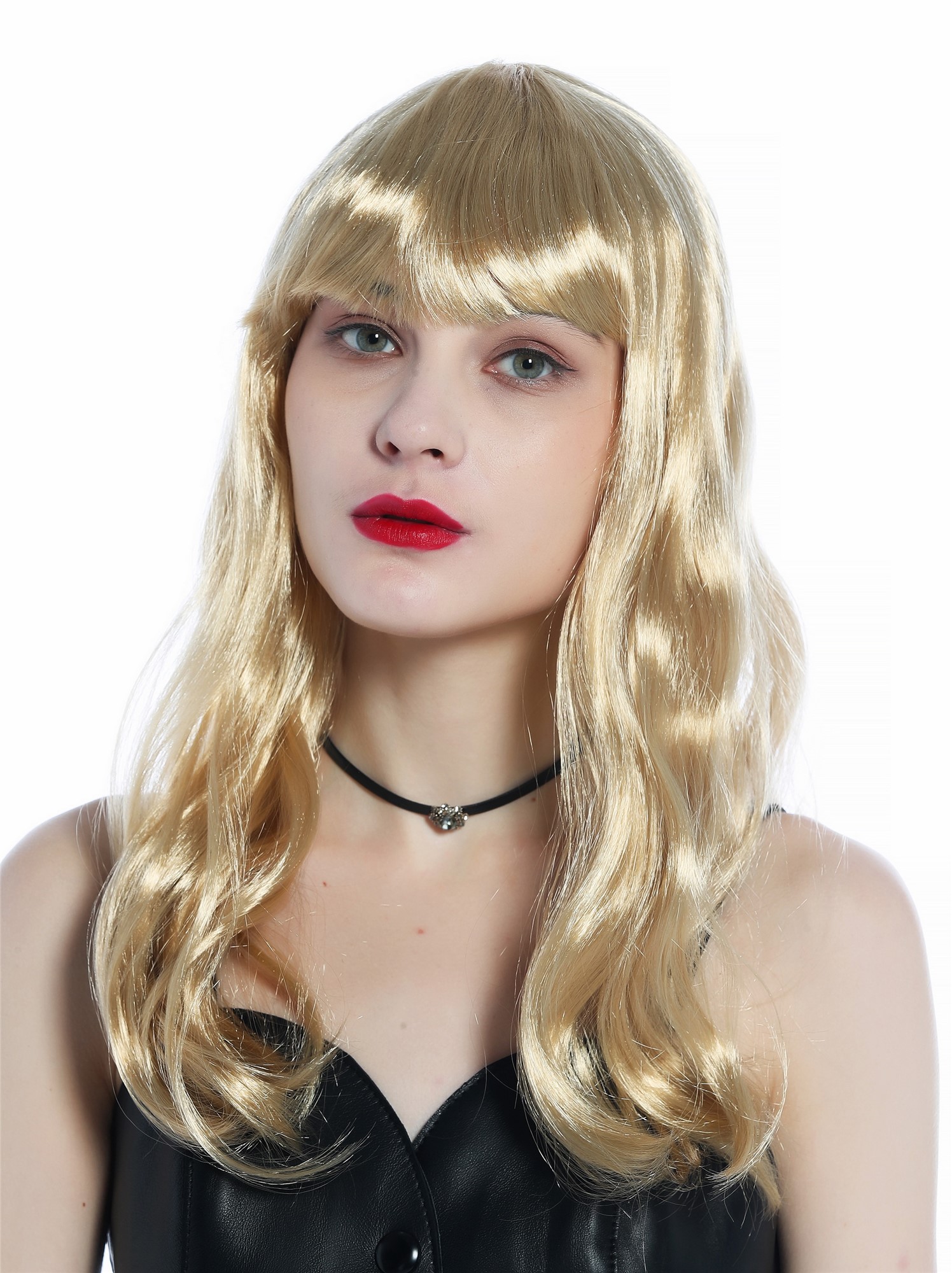 Long Slightly Wavy Women's Wig Halloween Carnival bangs bright gold blond 210150, front view, WIG ME UP: Your Perücken Online Shop Party Wig, Ladies, light blonde, wavy, long