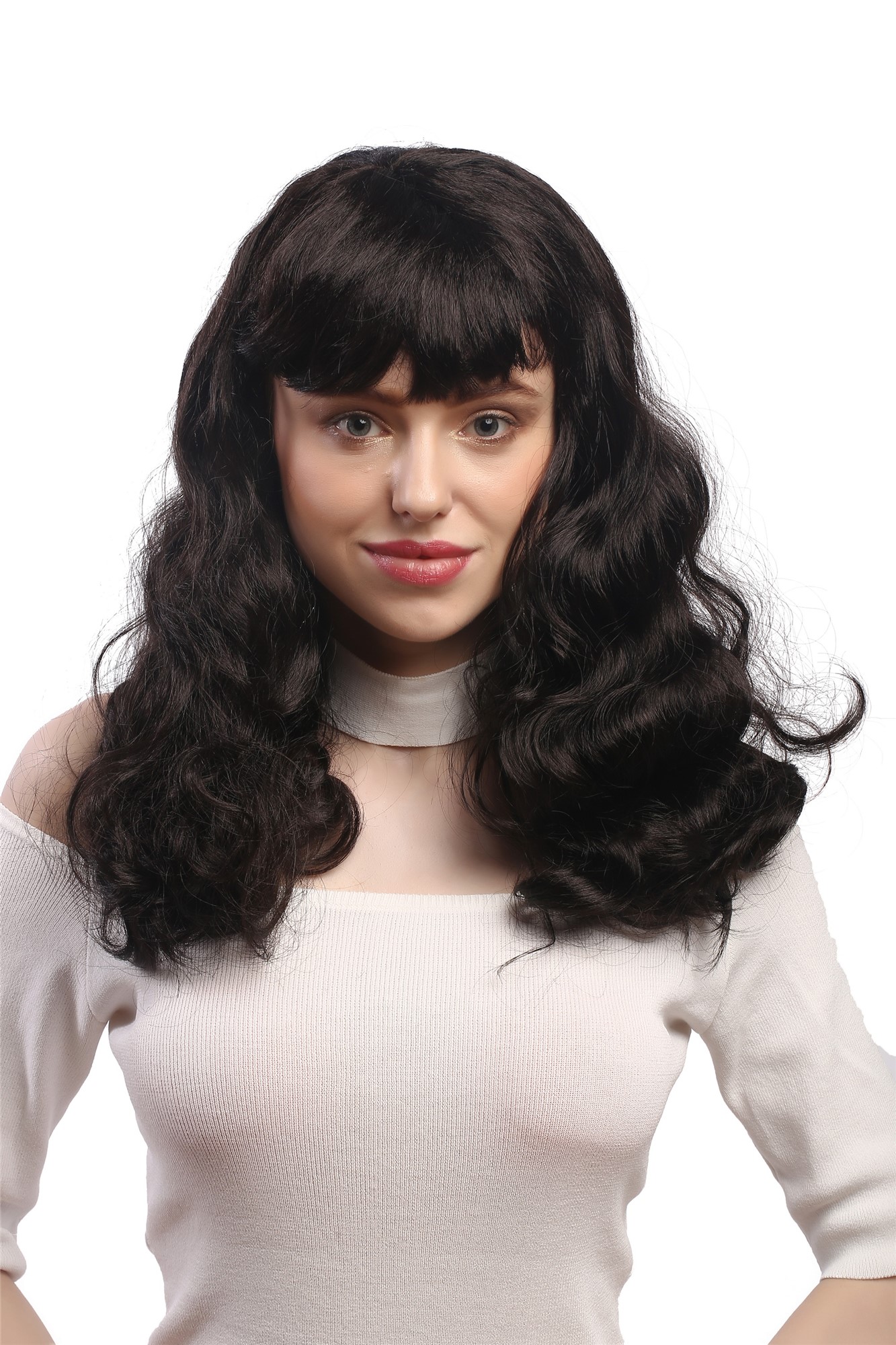 90942-ZA1 Lady Party Wig Halloween Fancy Dress 50s Pin-up Burlesque Dancer long brown wavy bangs, front view, WIG ME UP: Your Perücken Online Shop Party Wig, Ladies, Brown, wavy, shoulder-length