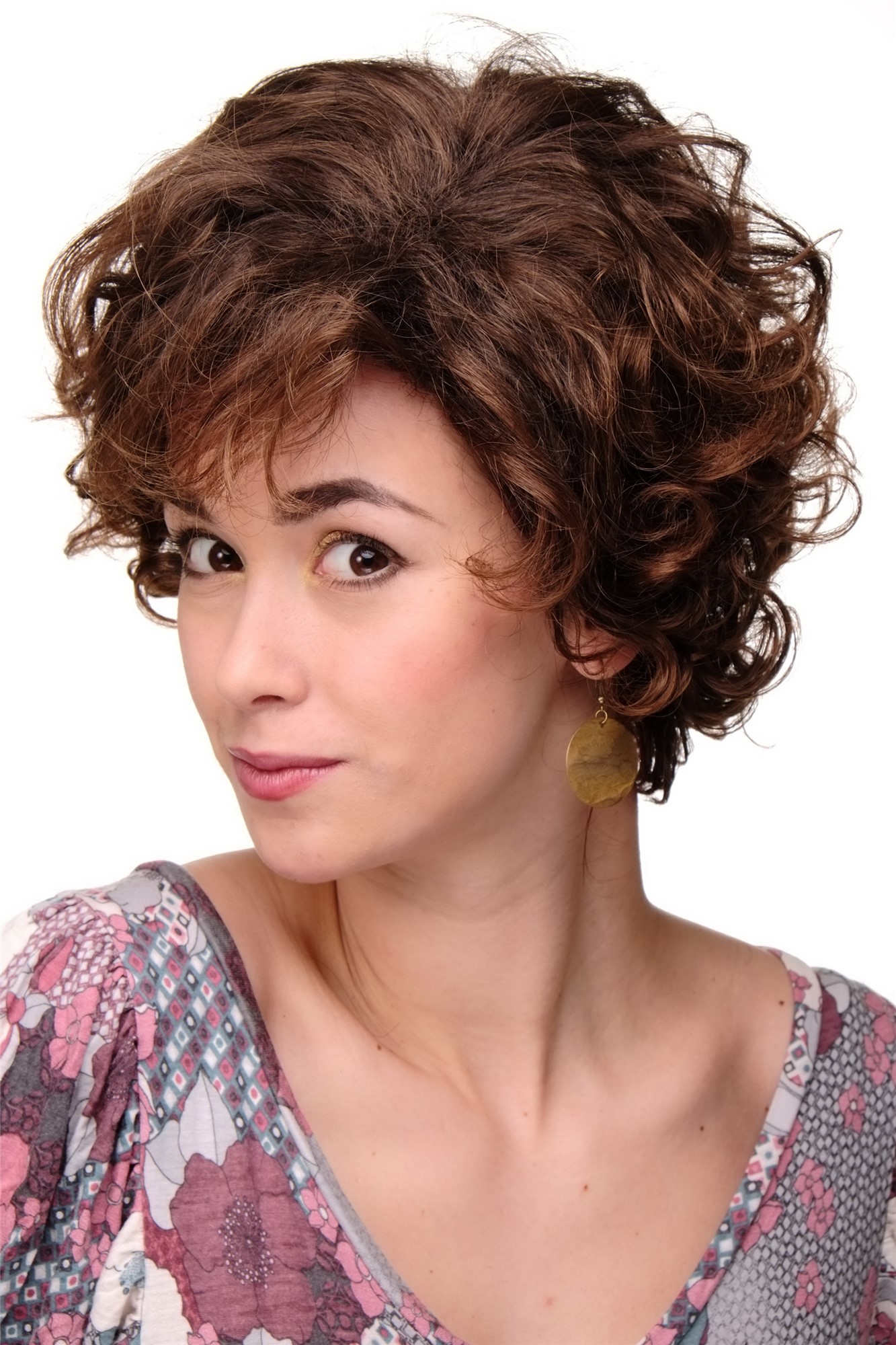 hochwertige Qualitätsperücken, Damenperücke kurz Locken Braun Modell: TYW60582, Ansicht 2, WIG ME UP: Ihr Perücken Online Shop lockige Tressen-Perücke Braun-Mix kurze Haare für Damen