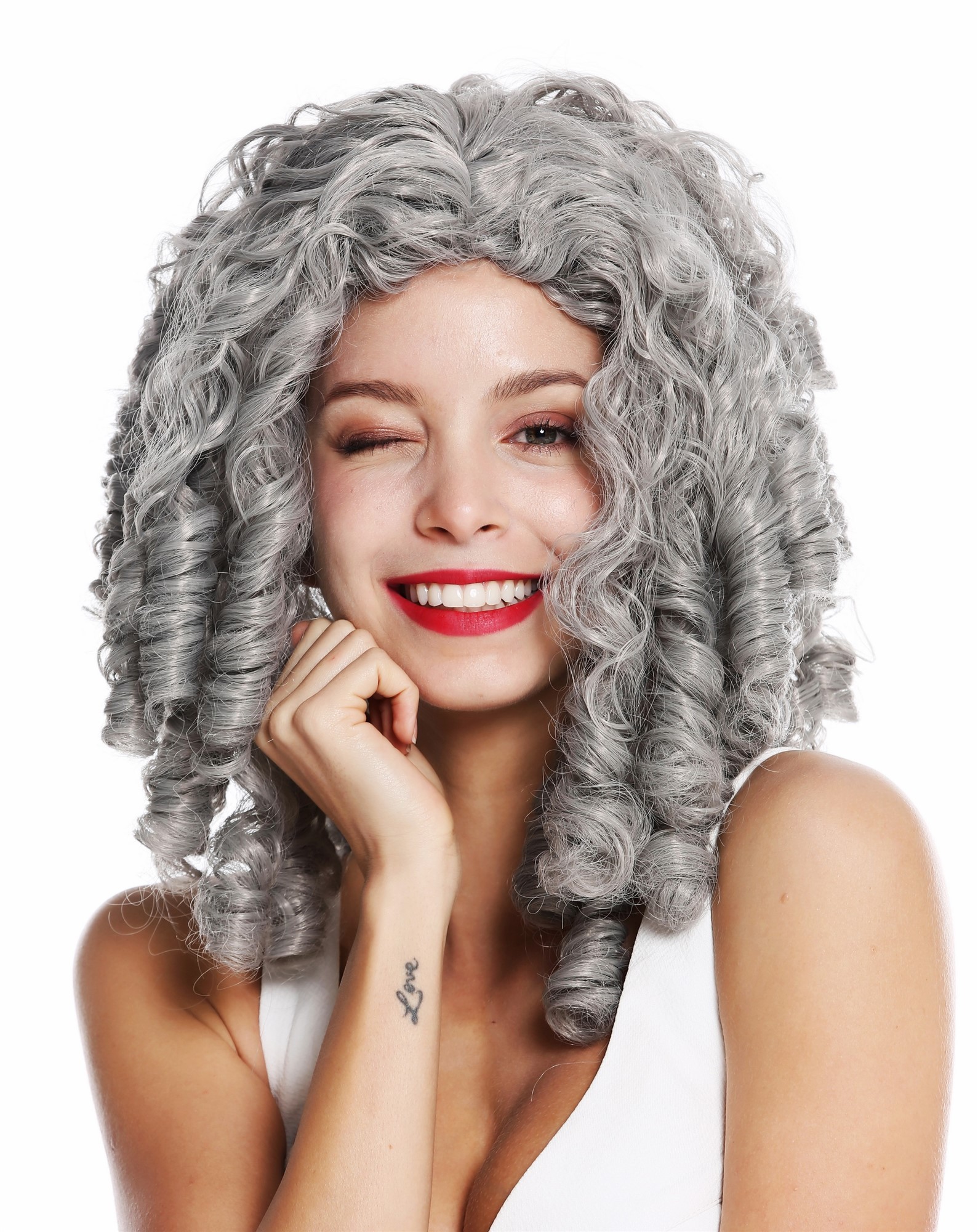Lady wig Halloween Baroque Gothic Lolita ringlets curls long grey gray 91056, front view, WIG ME UP: Your Perücken Online Shop Party Wig, Ladies, matte gray, curled, long