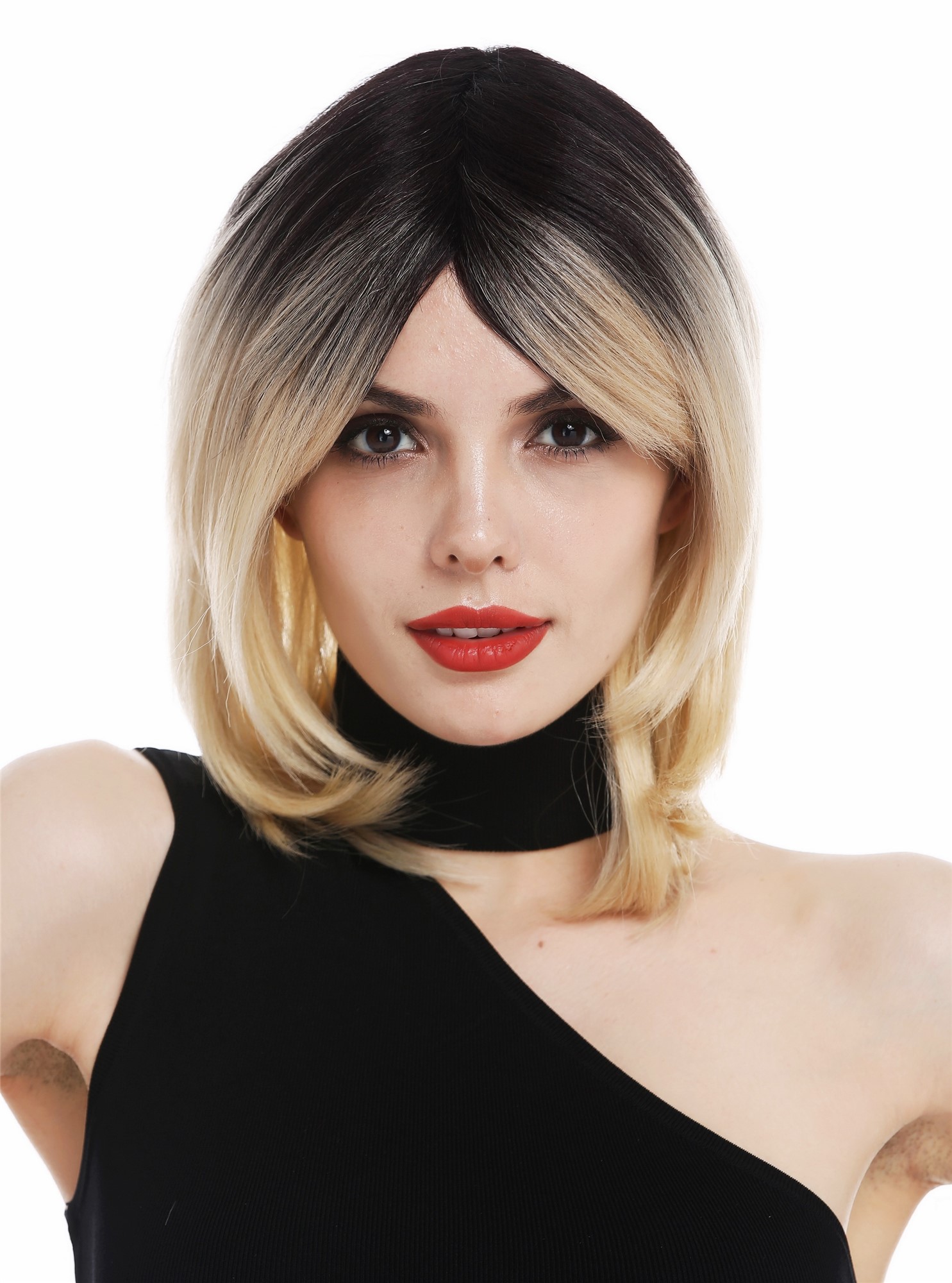 hochwertige Qualitätsperücken, Perücke schulterlang glatt Longbob Ombre Schwarz Blond RGF-6701-DR613, Vorderansicht, WIG ME UP: Ihr Perücken Online Shop glatte Tressen-Perücke Blond-Schwarz-Mix schulterlange Haare für Damen