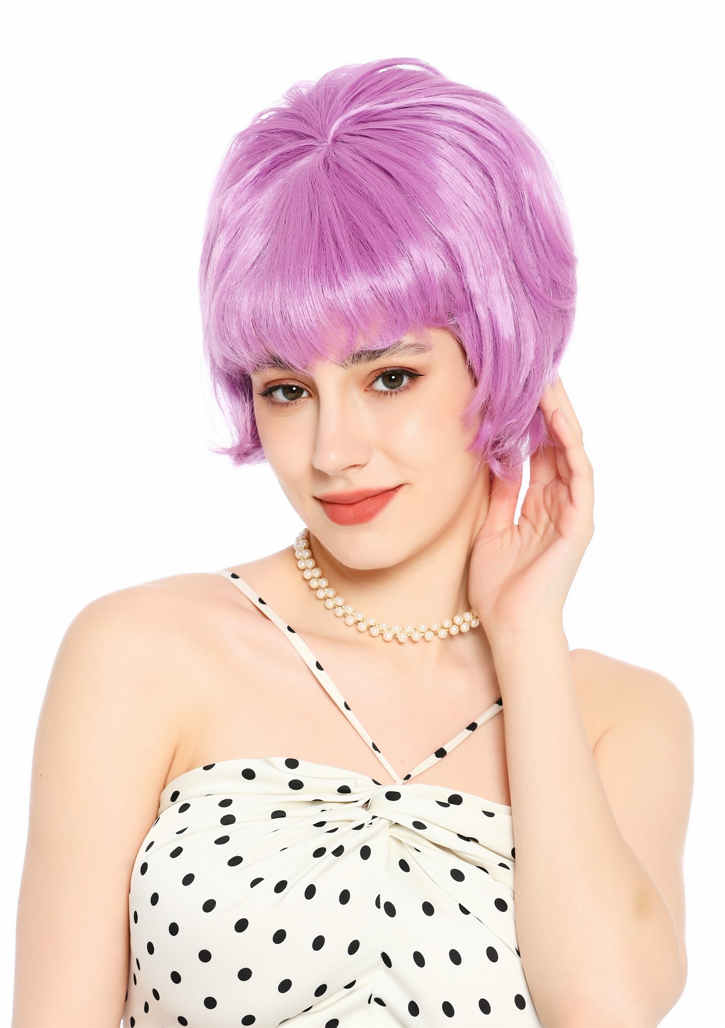 Perücke Damen Retro 50er 60er Beehive hochtoupiert kurz Pony Lila VK-65-purple