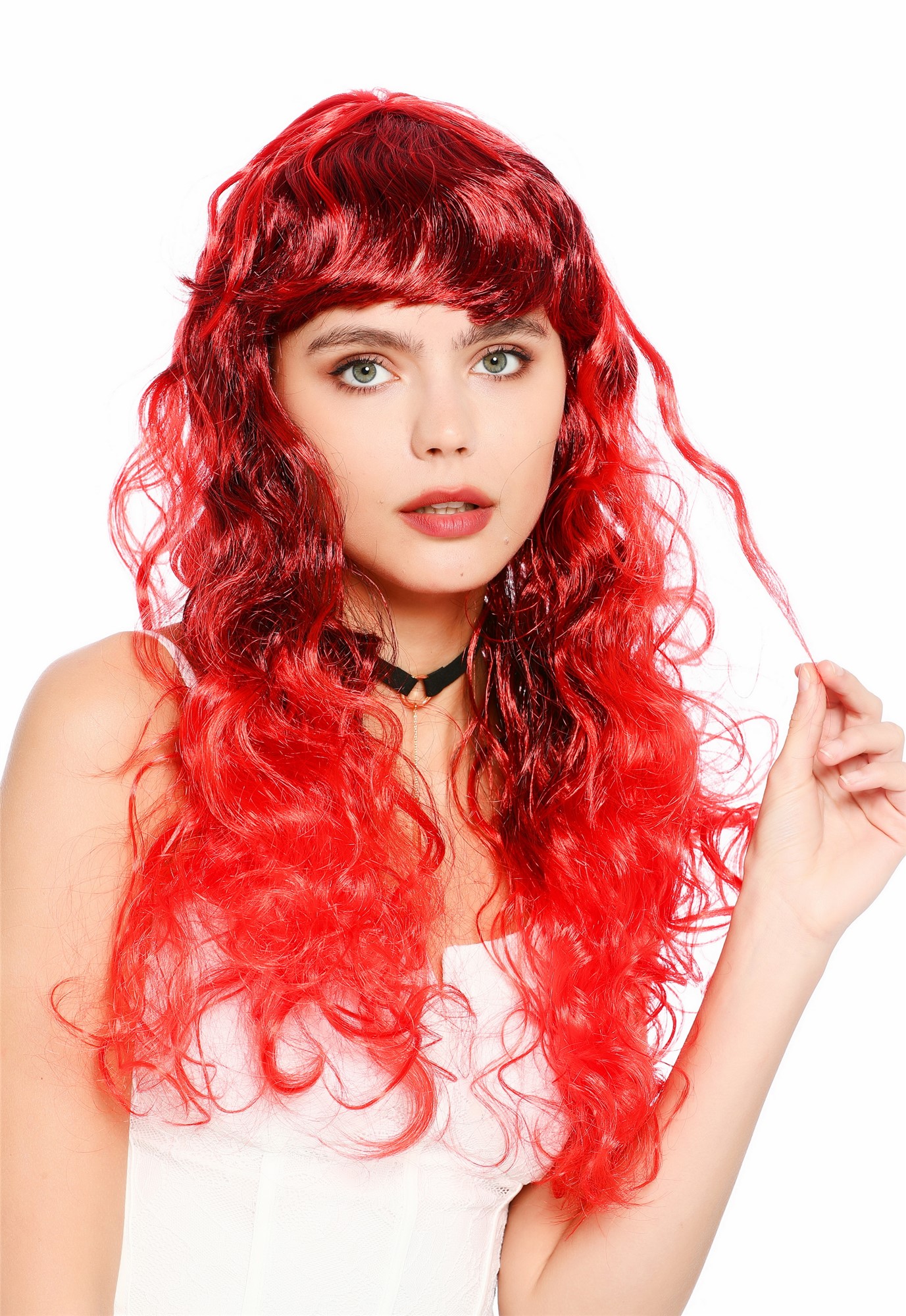 lockige Party-Perücke Rot mit schwarzen Strähnen 65 cm lange Perücke für Damen