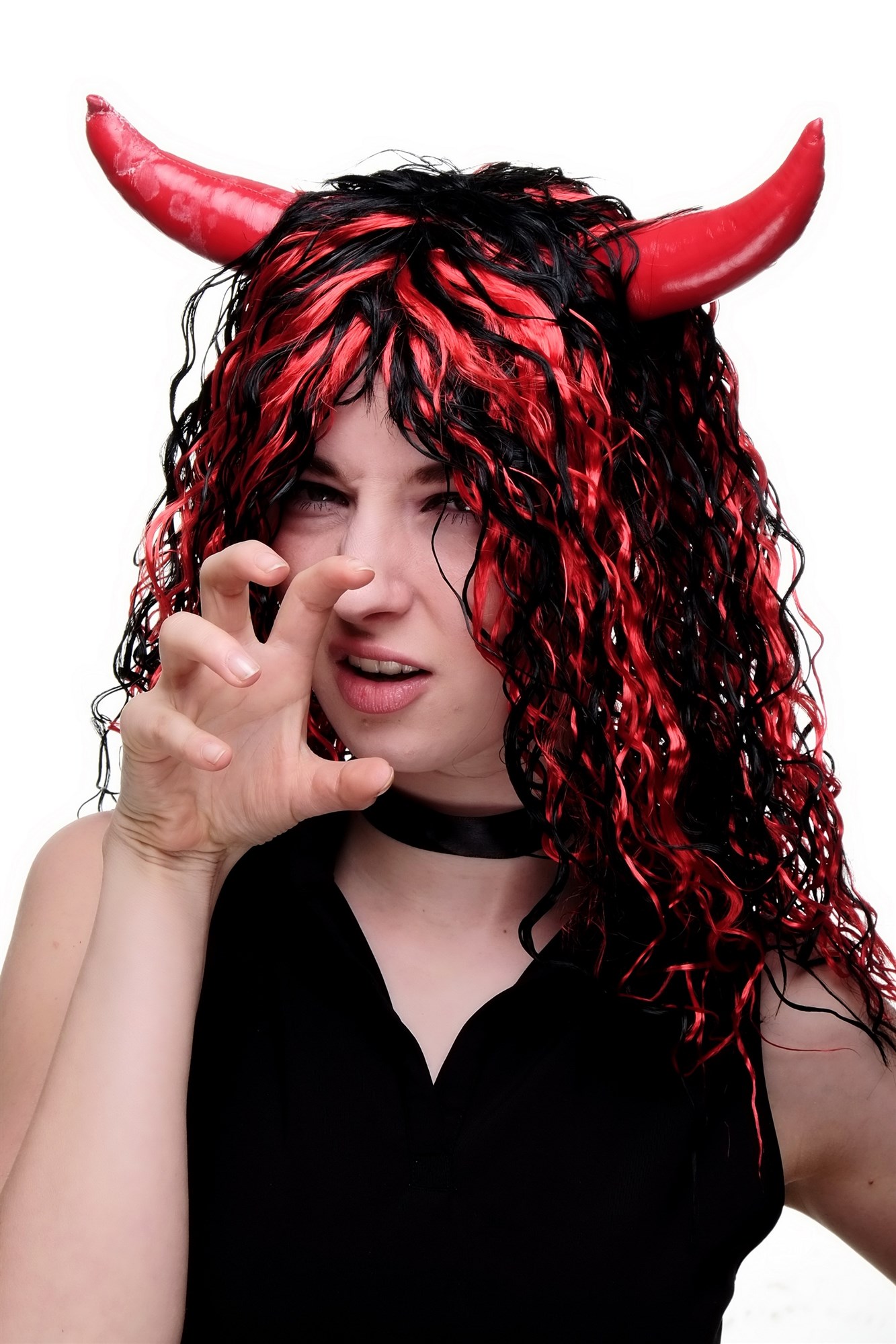 Lady wig seductive She-Devil devil demon horns long black red strands 4044, front view, WIG ME UP: Your Perücken Online Shop Party Wig, Ladies, Black, Red, curled, long