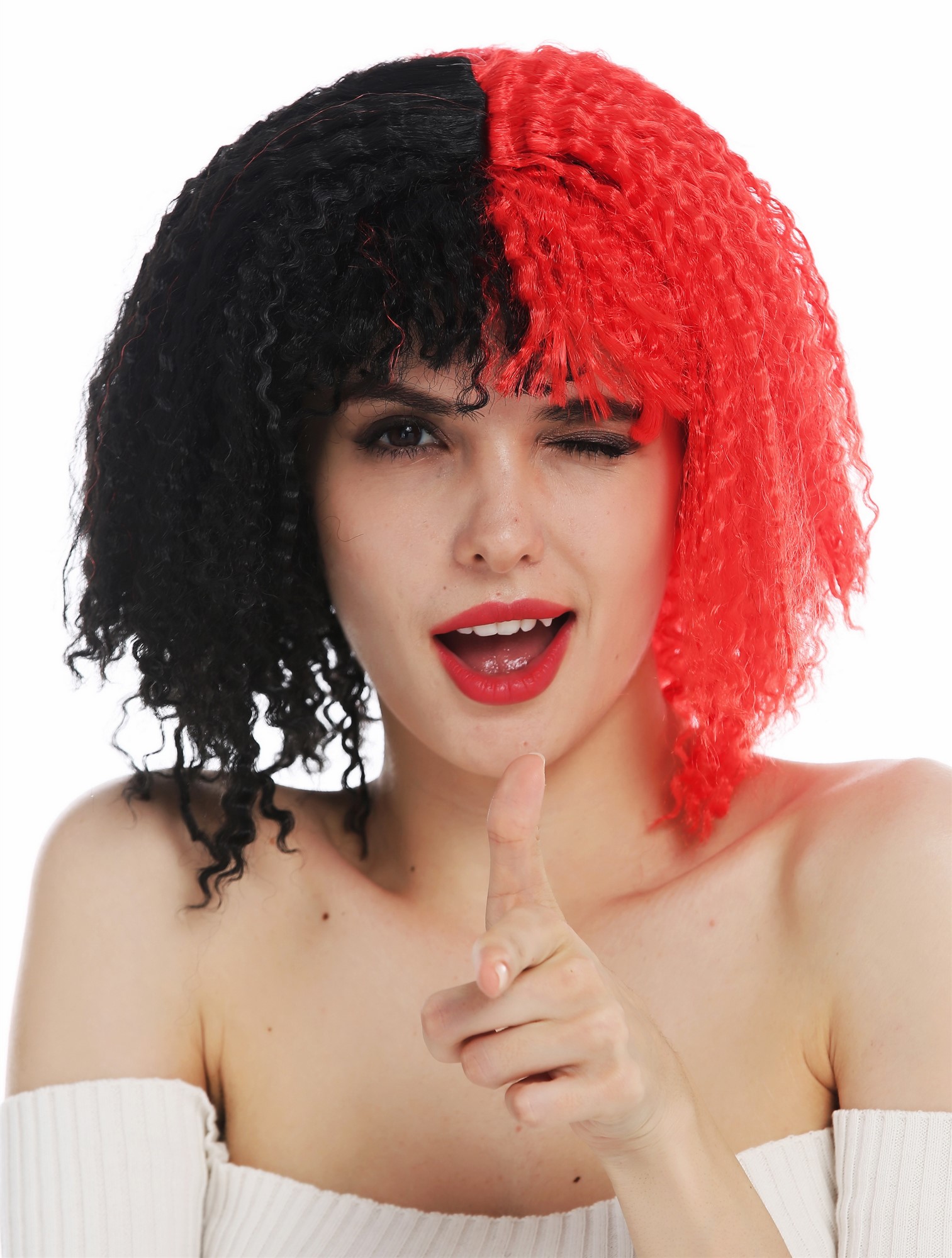 günstige Party Perücke, Perücke Krepplocken schulterlang schwarz rot Hälften DEC299-P103-13, Vorderansicht, WIG ME UP: Ihr Perücken Online Shop wellige Party Perücke Tiefschwarz-Knallrot-Mix kurze Haare für Damen