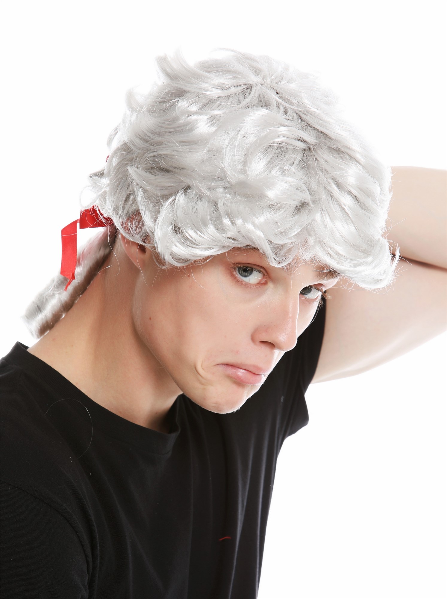 günstige Party Perücke, Perücke Barock Poet Adliger Grau Zopf 7057-PC309, Ansicht 3, WIG ME UP: Ihr Perücken Online Shop lockige Party Perücke Hellgrau schulterlange Haare für Herren