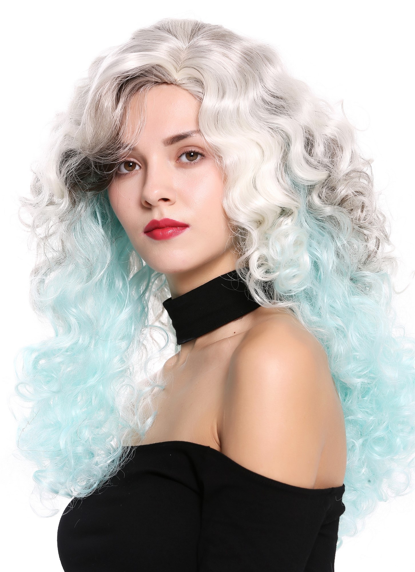 hochwertige Qualitätsperücken, Perücke Lang Volumen Seitenscheitel Braun Blond Blau 1355AB-8+60+L-BLUE, Ansicht 3, WIG ME UP: Ihr Perücken Online Shop lockige Tressen-Perücke mit Kopfhaut-Imitat Aschbraun-Schwedenblond-Türkisblau-Mix lange Haare für Damen