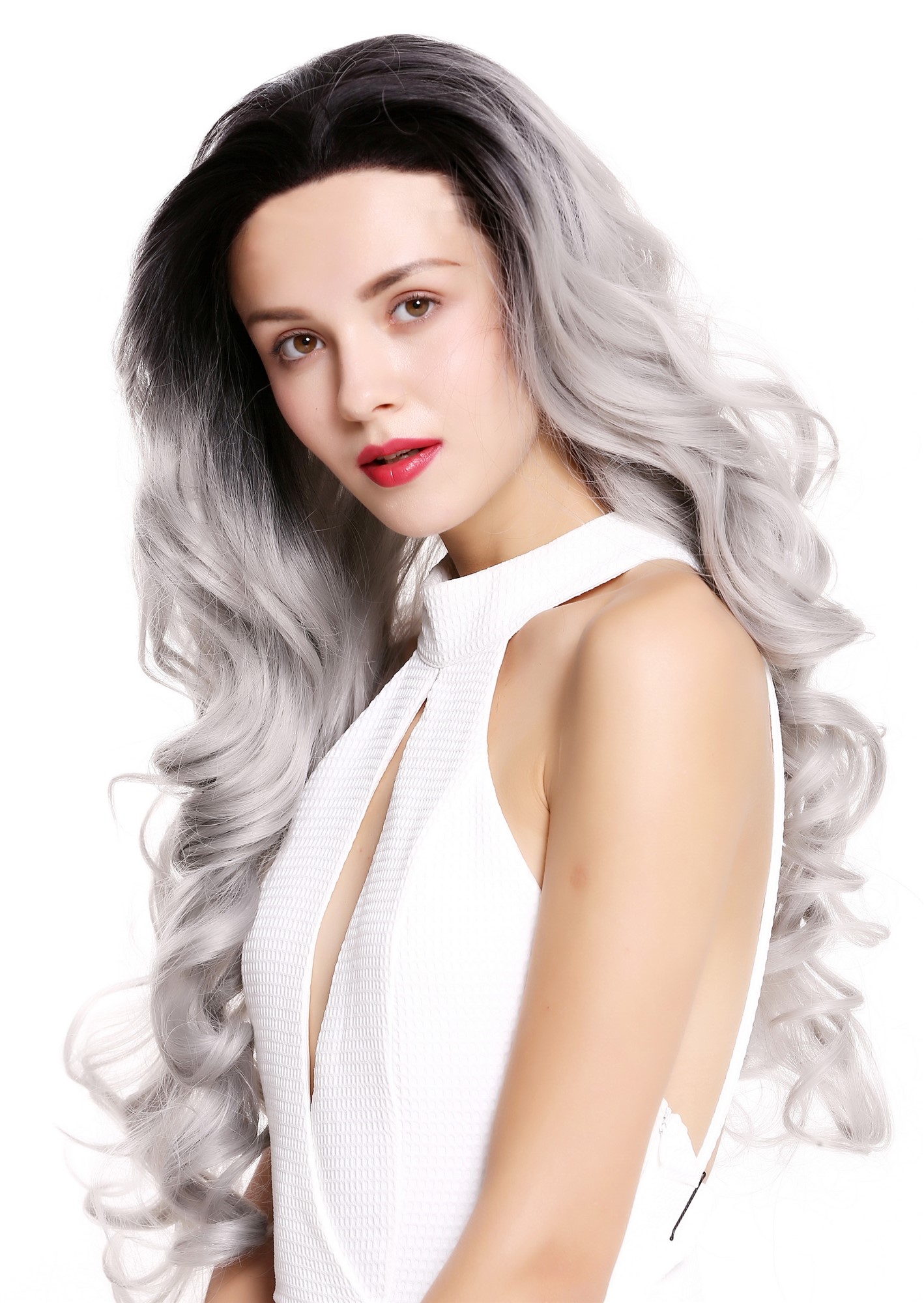 Lady wig women lace front long slightly curly ombre black grey LS-010-LF, view 3, WIG ME UP: Your Perücken Online Shop Quality Wigs, Ladies, velvet black-silver gray mix, curled, long