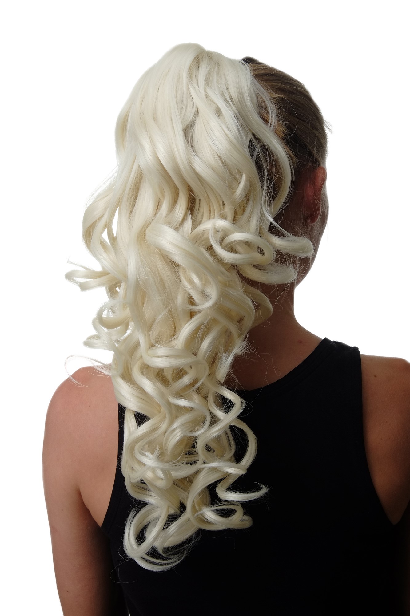Ponytail Hairpiece extension Butterfly Clamp long wavy platinum blonde SA09, front view, WIG ME UP: Your Perücken Online Shop Ponytails, platinum blonde, curled, long