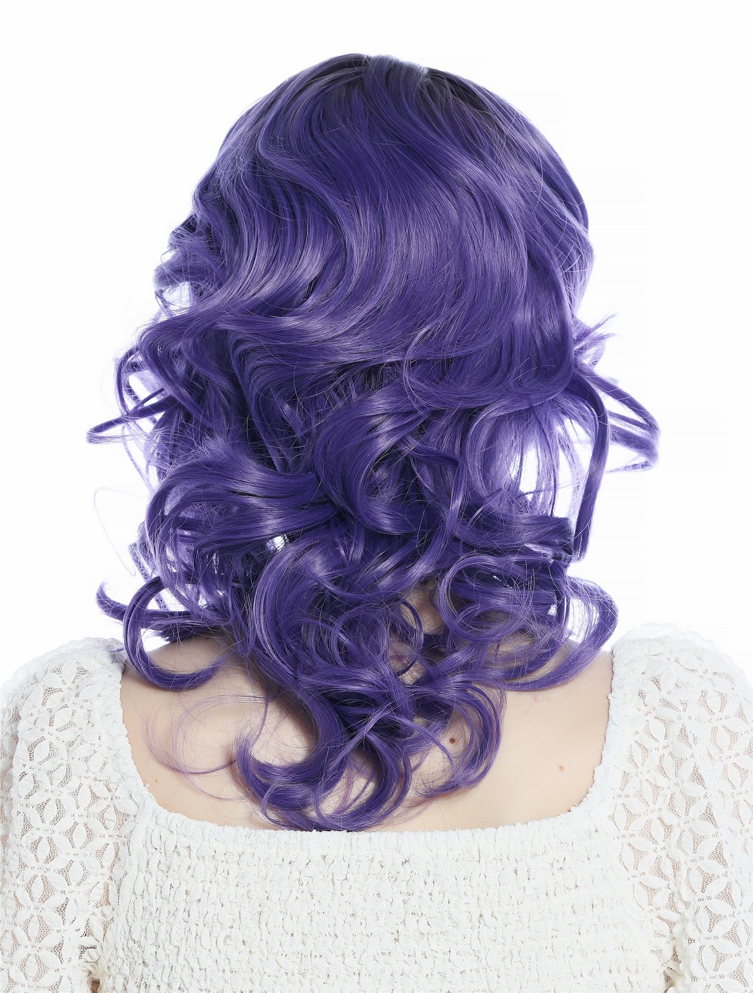 hochwertige Qualitätsperücken, Perücke schulterlang Locken Ombre Dunkelbraun Lila SZL0672-T-009, Ansicht 6, WIG ME UP: Ihr Perücken Online Shop lockige Tressen-Perücke mit Kopfhaut-Imitat Dunkelbraun-Lila-Verlauf schulterlange Haare für Damen