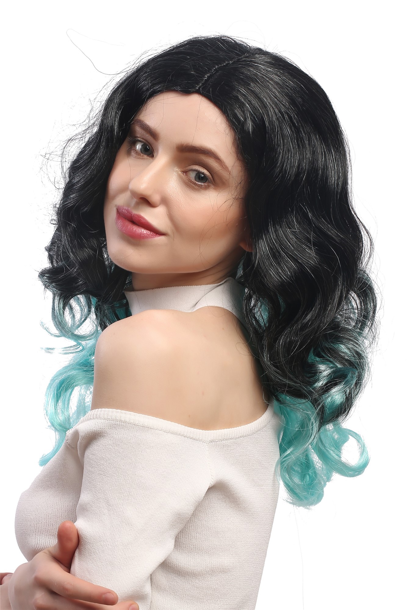 DEC185-ZA103-98A Lady Party Wig Halloween ombre black turquise blue long wavy voluminous, view 3, WIG ME UP: Your Perücken Online Shop Party Wig, Ladies, Black,Blue, wavy, long