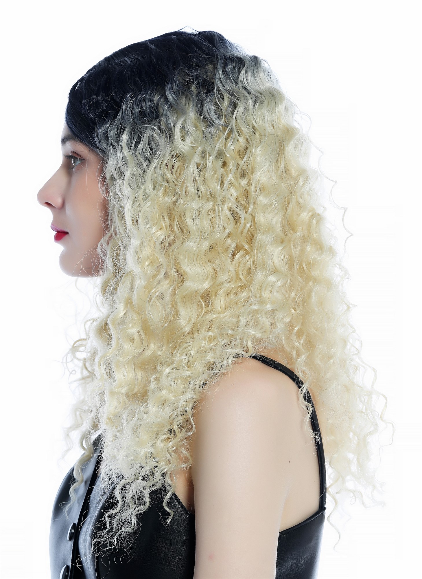 Women's wig long curled kinks kinked Ombre black roots platinum blonde ZM-1018, view 3, WIG ME UP: Your Perücken Online Shop Quality Wigs, Ladies, black-platinum blonde gradient, curled, long