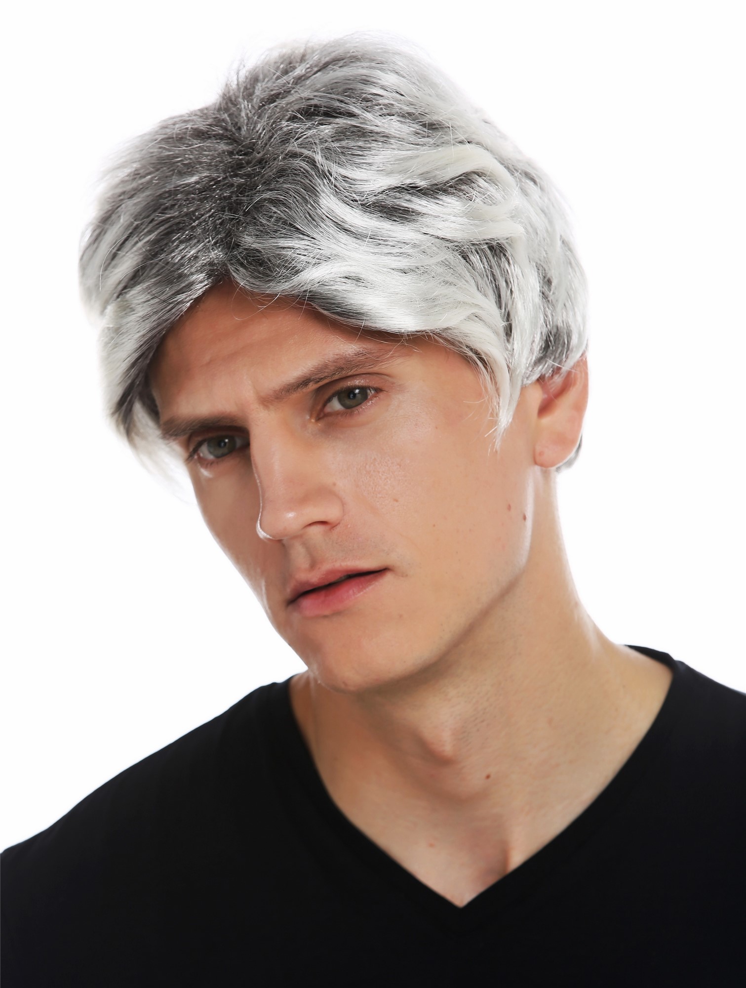 Wig carnival Halloween men short wavy black silver platinum mix highlights 31862, front view, WIG ME UP: Your Perücken Online Shop Party Wig, Men, black-platinum blonde mix, wavy, short