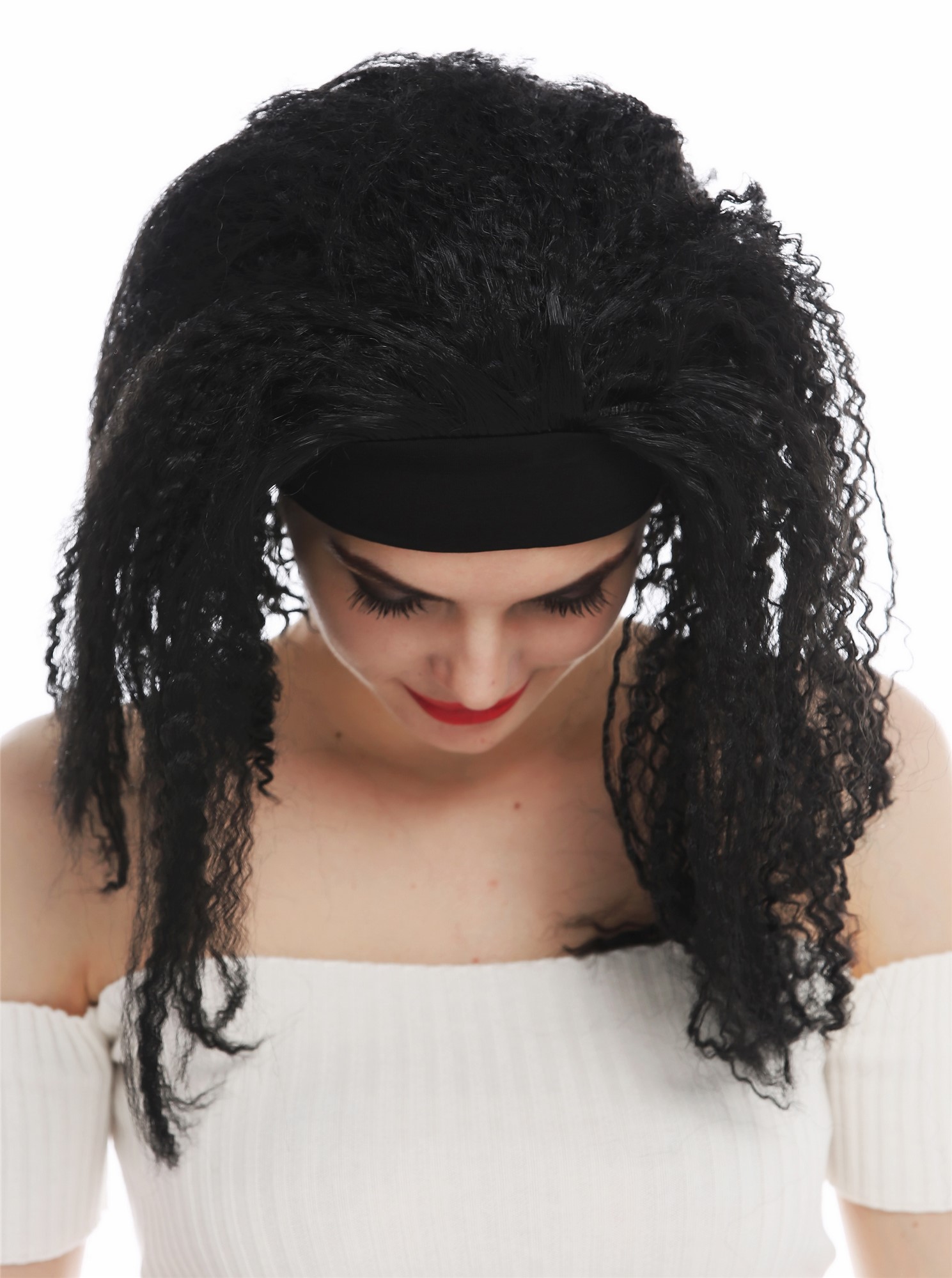 günstige Party Perücke, Perücke Stirnband Krepplocken Schwarz 31803-P103, Ansicht 5, WIG ME UP: Ihr Perücken Online Shop lockige Party Perücke Pechschwarz schulterlange Haare für Damen