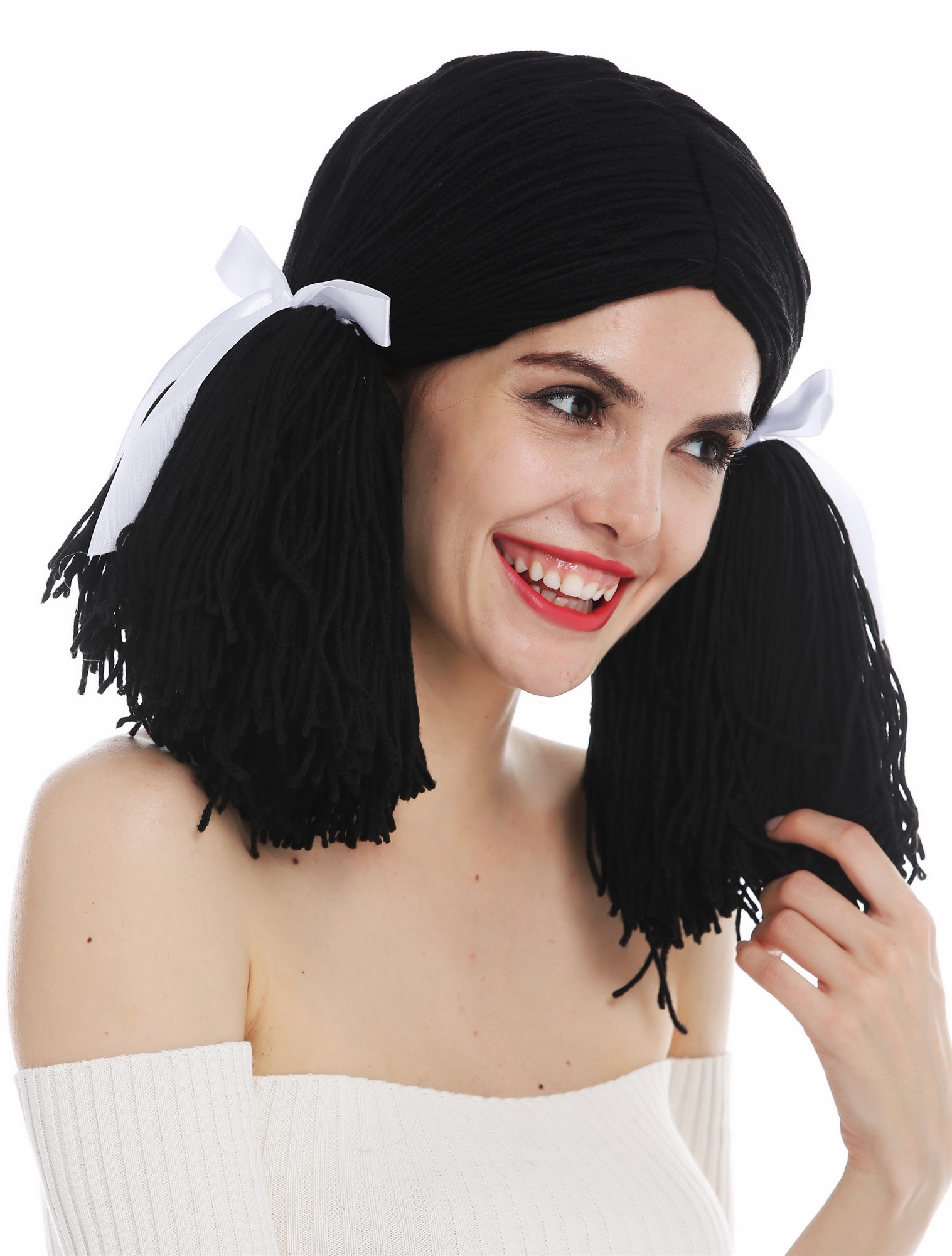 günstige Party Perücke, Perücke Puppe Puppenhaar Schwarz Zöpfe 3208-P103, Ansicht 5, WIG ME UP: Ihr Perücken Online Shop wellige Party Perücke Pechschwarz schulterlange Haare für Damen