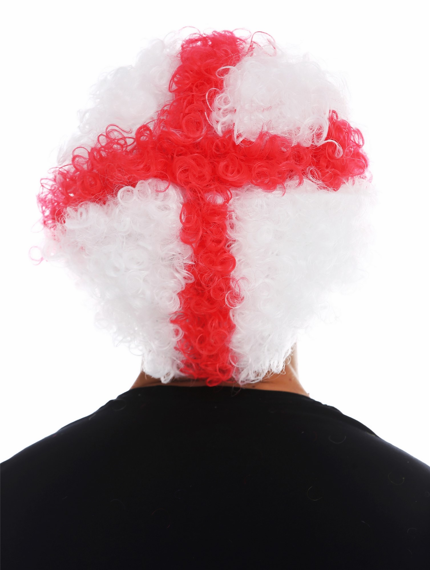 günstige Party Perücke, Perücke Fan Afro England Rotes Kreuz auf Weiß MMAM-15M-K06+K120B, Ansicht 2, WIG ME UP: Ihr Perücken Online Shop lockige Party Perücke Rot-Weiß-Mix kurze Haare Unisex