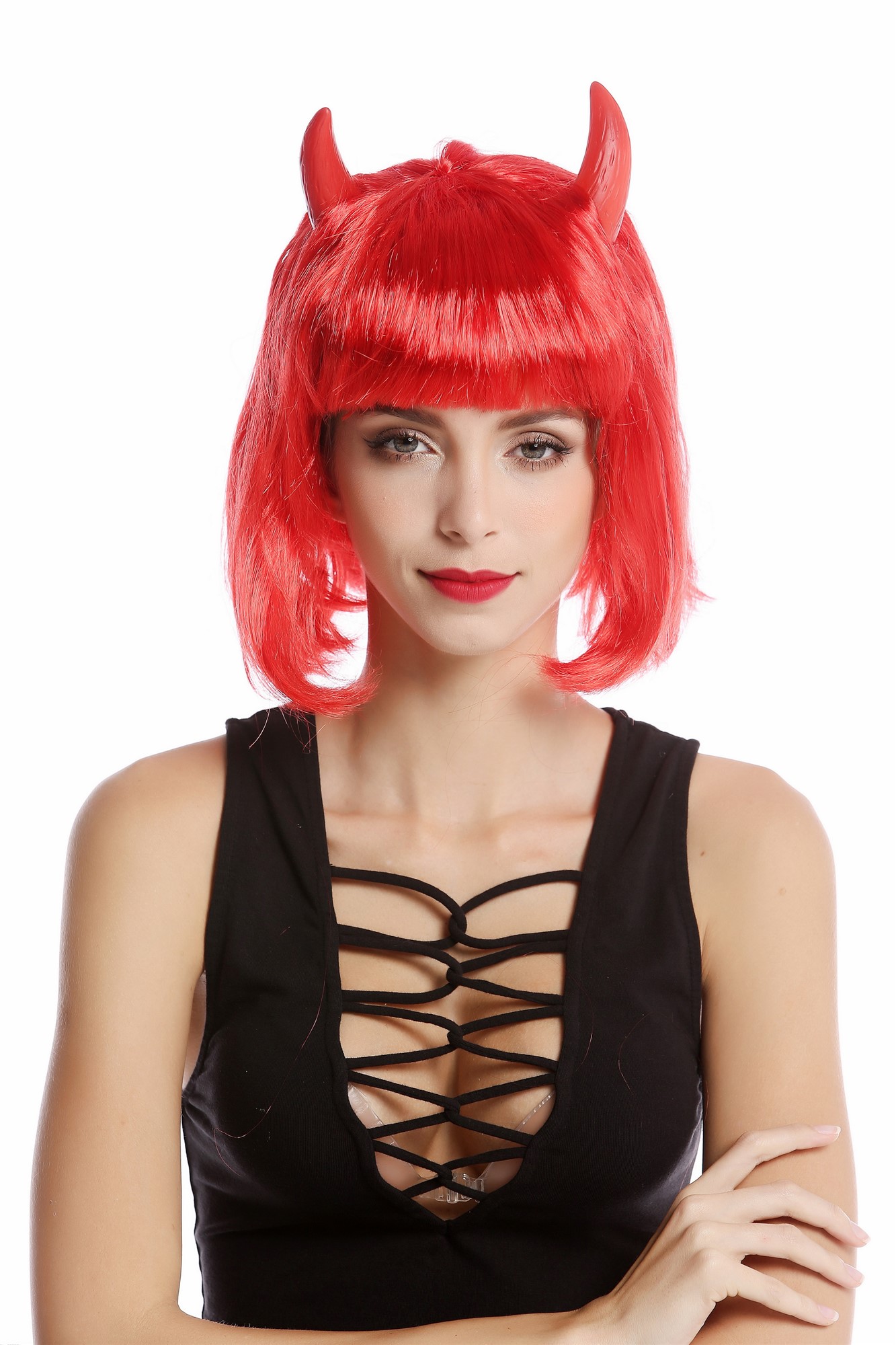 91421-ZA13 Wig Lady Women Halloween She-Devil Demon Devil Longbob Bob Horns red, view 2, WIG ME UP: Your Perücken Online Shop Party Wig, Ladies, Red, straight, short