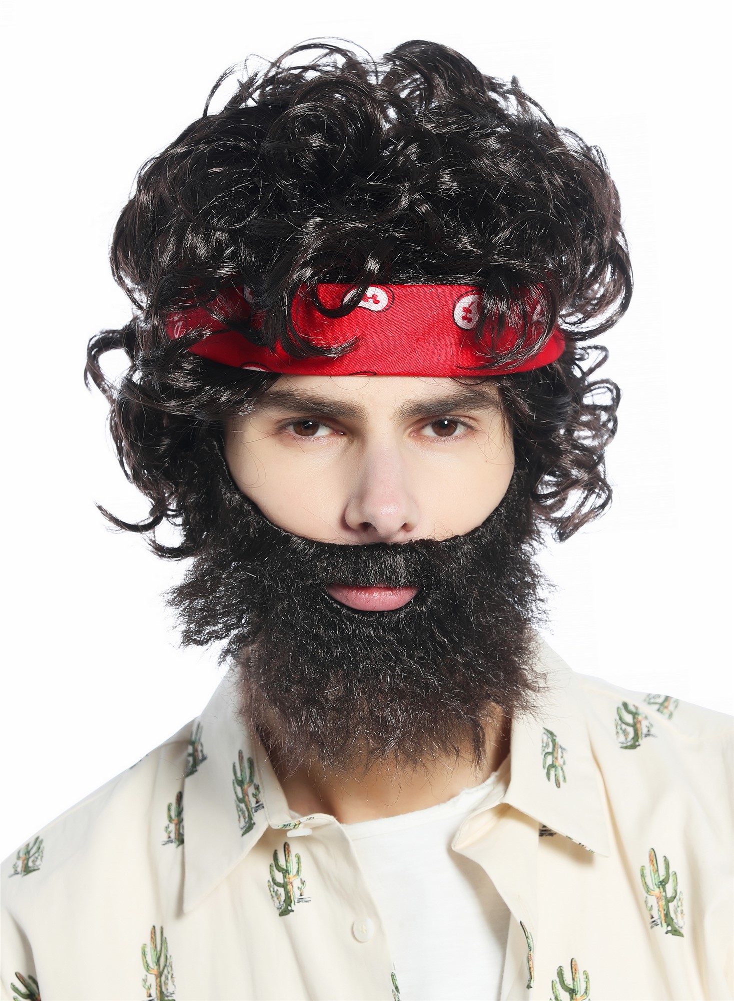 günstige Party Perücke, Perücke Stirnband Bart braun lockig Hippie 70er 80er Retro CW-036-P2, Vorderansicht, WIG ME UP: Ihr Perücken Online Shop lockige Party Perücke Dunkelbraun kurze Haare für Herren