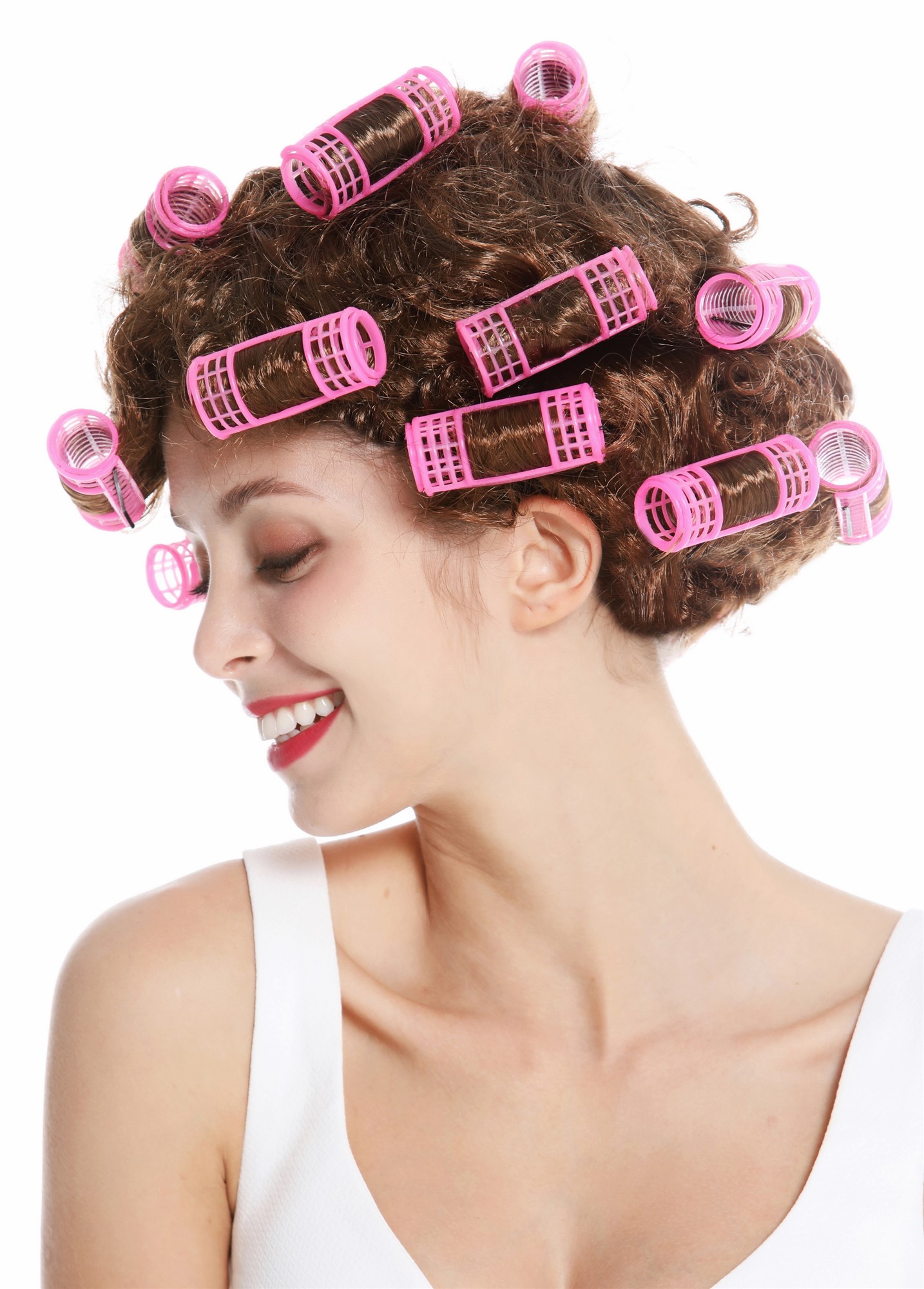 Women's party wig carnival Halloween housewife hair roller brown trashy 4204, view 2, WIG ME UP: Your Perücken Online Shop Party Wig, Ladies, golden brown, curled, short