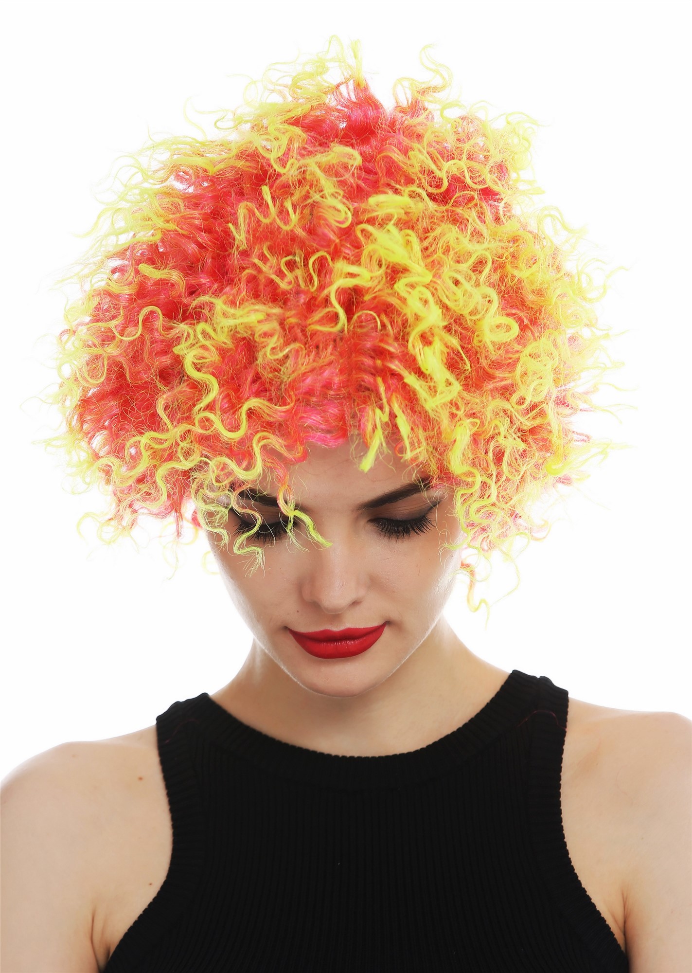 günstige Party Perücke, Perücke kurz lockig kraus rot gelb 31954-FR41-91, Ansicht 5, WIG ME UP: Ihr Perücken Online Shop lockige Party Perücke Pink-Neongelb-Mix kurze Haare Unisex